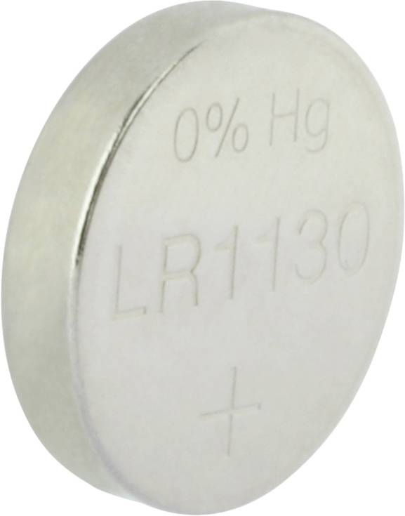 Silberne Knopfzelle mit der Aufschrift '0% Hg LR1130 +' zeigt, dass sie quecksilberfrei ist.