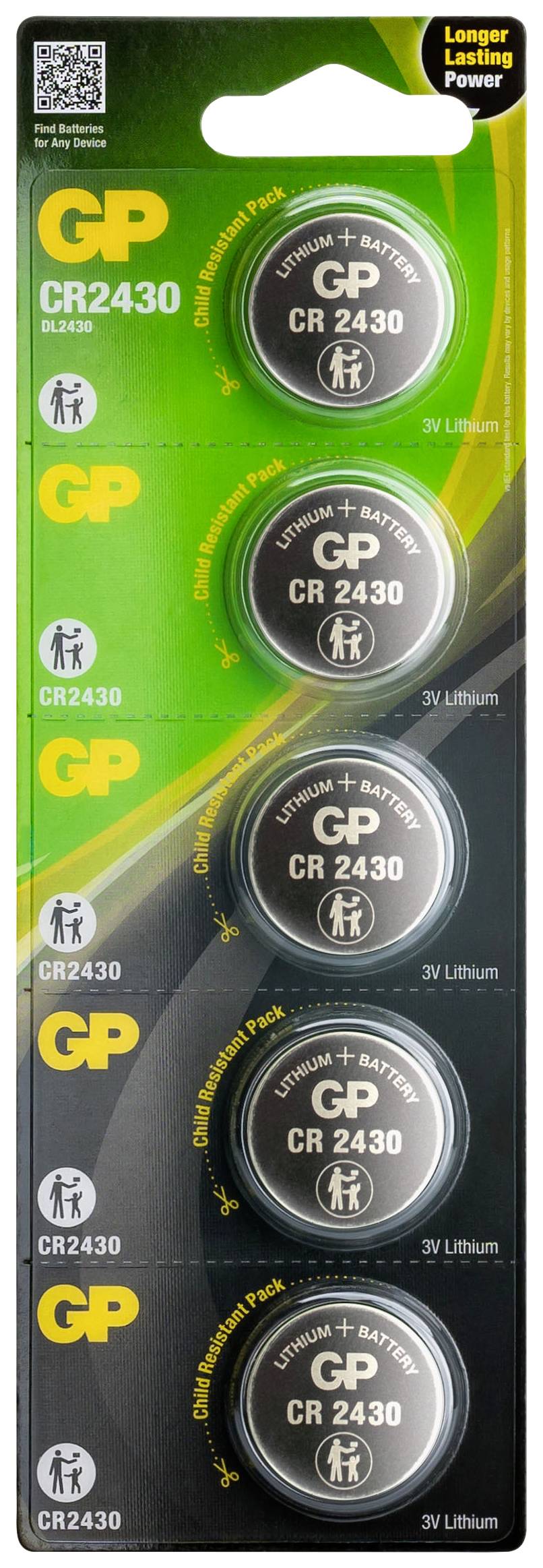 Fünf GP Lithium Knopfzellen CR2430 in einer Blisterpackung. Jede Batterie ist mit 3V Lithium für längere Lebensdauer geeignet.
