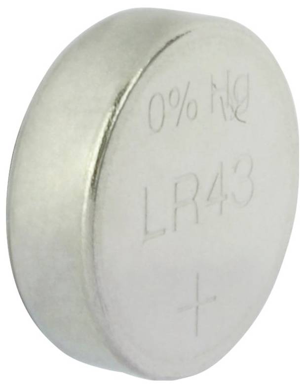 Silberfarbene Knopfzelle mit der Aufschrift '0% Hg LR43 +'.