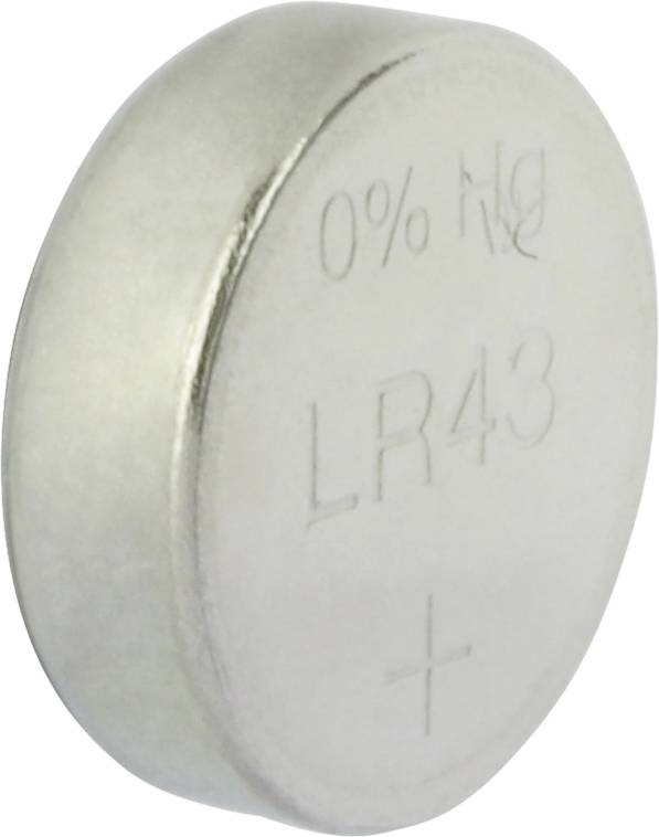 Silberfarbene Knopfzelle mit der Aufschrift '0% Hg LR43 +'.