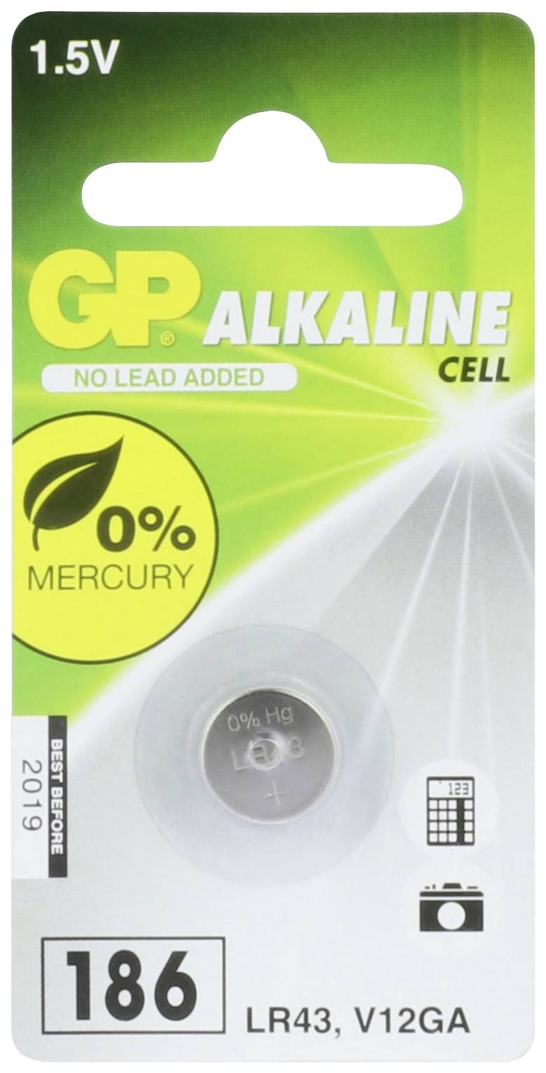 'GP Alkaline Cell' Batterie, 1,5V, Typ 186 (LR43, V12GA), quecksilberfrei, für das Jahr 2019. Verpackung zeigt Batterie-Symbol.