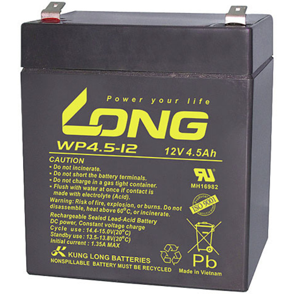 Long WP4.5-12 WP4.5-12 Bleiakku 12 V 4.5 Ah Blei-Vlies (AGM) (B x H x T) 90 x 107 x 70 mm Flachstec