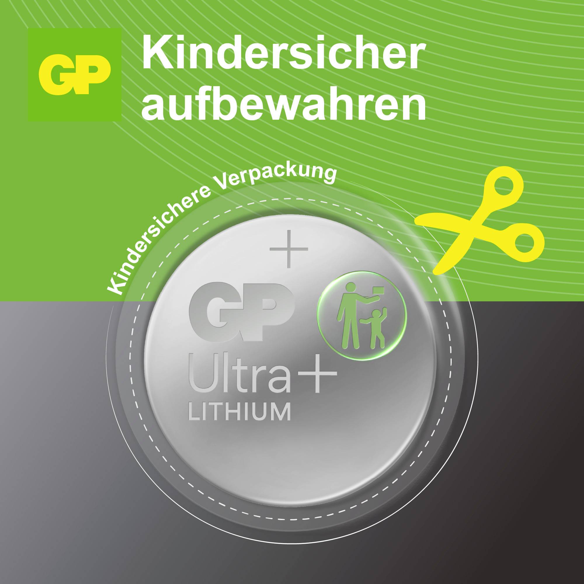 Verpackung mit Hinweis 'Kindersicher aufbewahren' für GP Ultra+ Lithium-Batterie; grüne Schere-Symbolik und Kindersicherheitslogo.