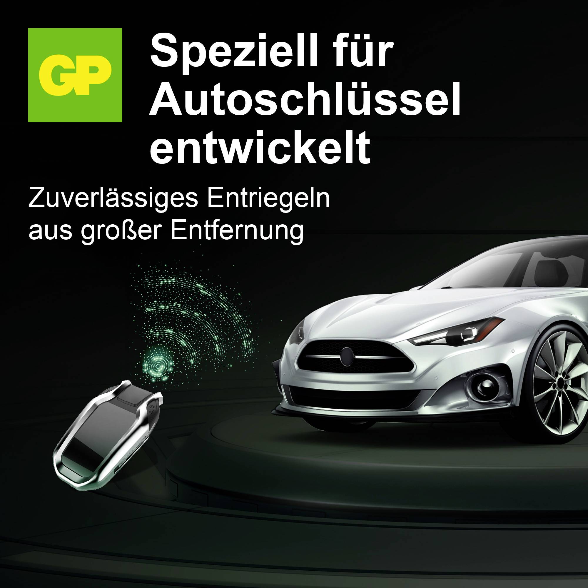 Werbung für Autoschlüssel: 'SPEZIELL FÜR AUTOSCHLÜSSEL ENTWICKELT' und 'Zuverlässiges Entriegeln aus großer Entfernung', mit Schlüssel, Funkwellen und Auto.