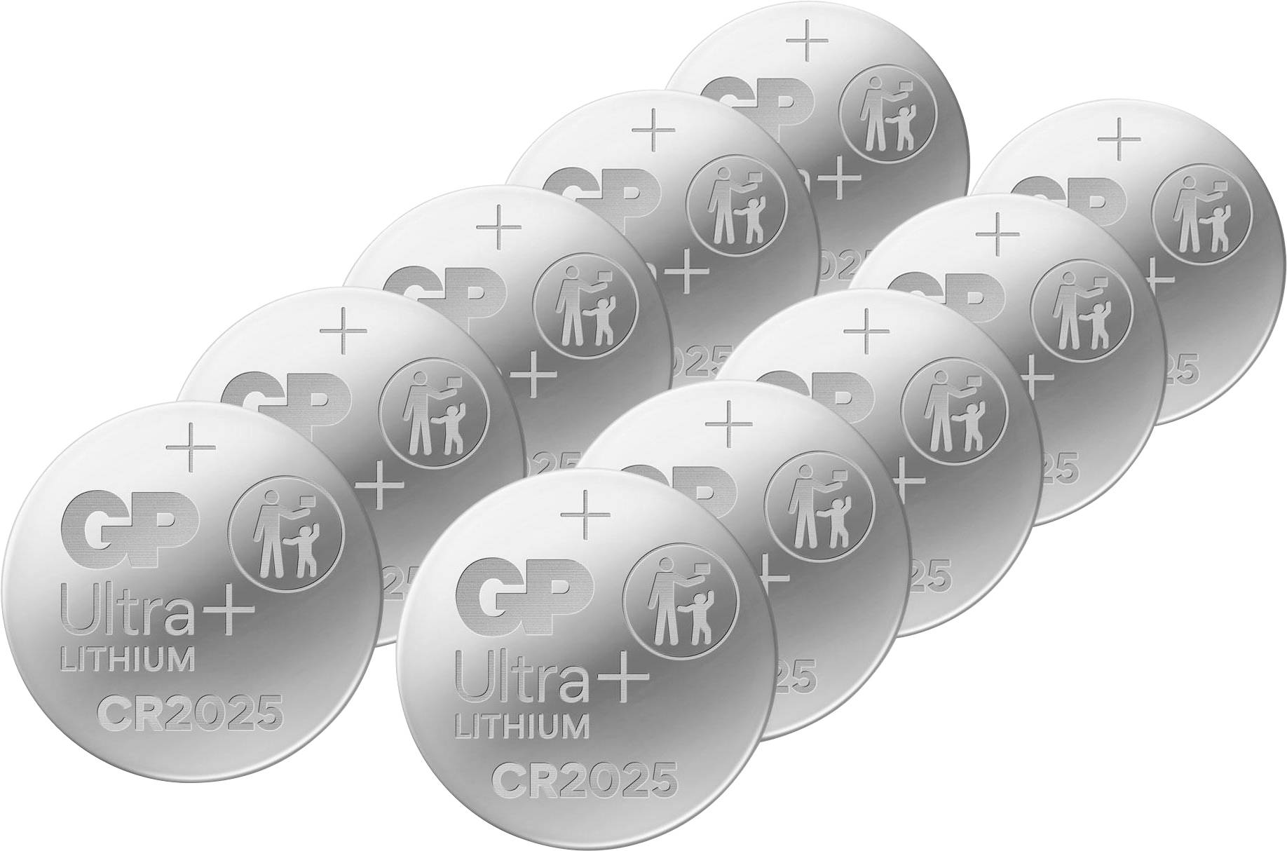 Mehrere silberne Knopfzellen-Batterien vom Typ CR2025, als Stapel/Paket auf weißem Hintergrund dargestellt.