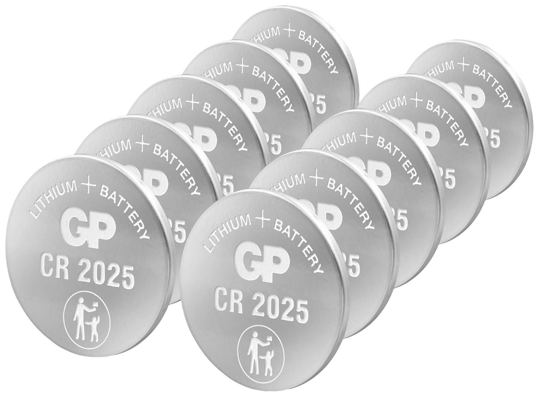 Acht CR 2025 Lithium-Batterien in einer abgestuften Anordnung. Jede Batterie zeigt das GP-Logo und die Aufschrift 'Lithium Battery'.