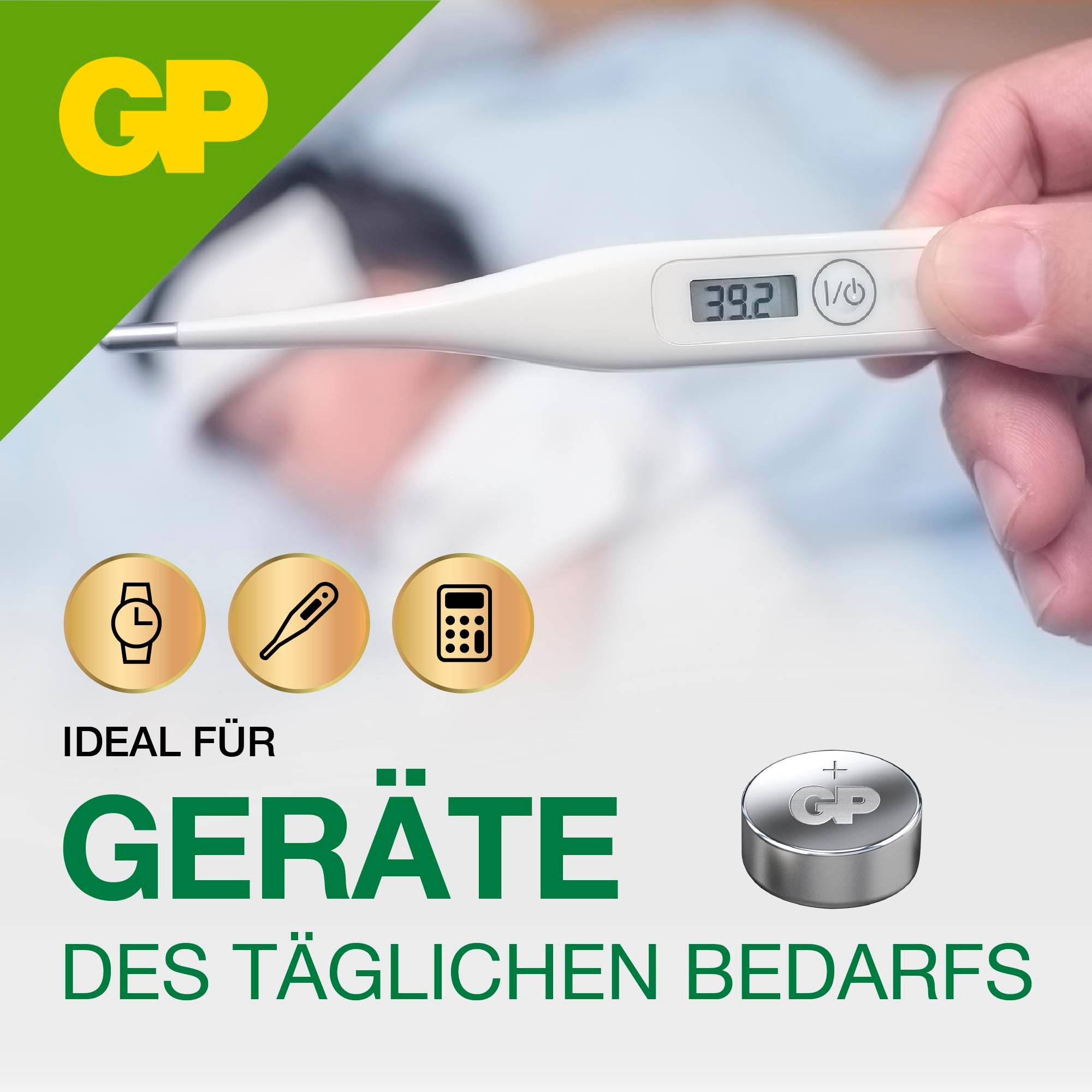 'Digitales Thermometer zeigt 39,2°C. Text: Ideal für Geräte des täglichen Bedarfs.' Hintergrund unscharf mit liegender Person.