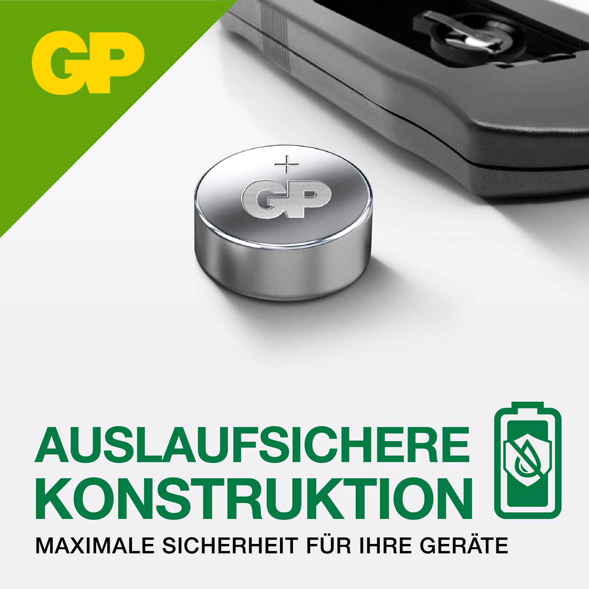 Kompakte Silberbatterie neben Text 'Auslaufsichere Konstruktion. Maximale Sicherheit für Ihre Geräte.' Batterielogo oben rechts.