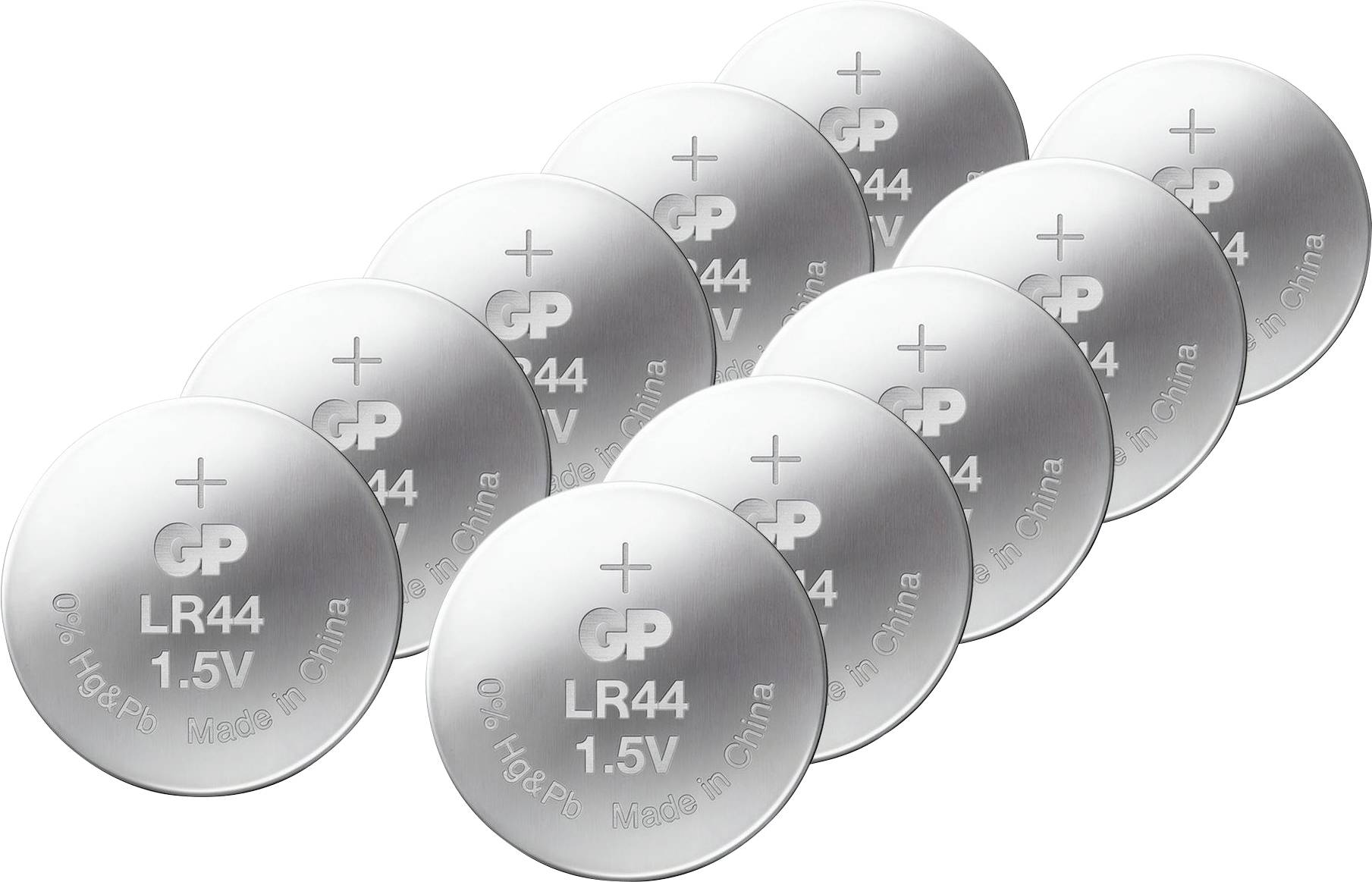 Stapel von silbernen Knopfzellenbatterien, einige stehend, andere liegend.