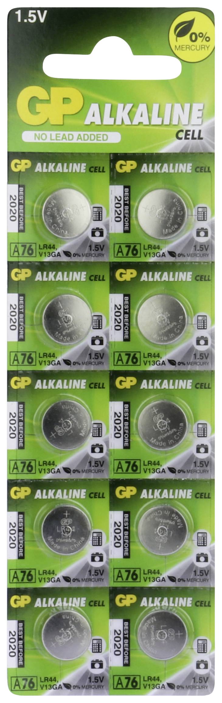 Acht Packungen GP Alkaline Knopfzellen-Batterien, Modell A76, 1,5V. Verpackung betont bleifreie Herstellung.