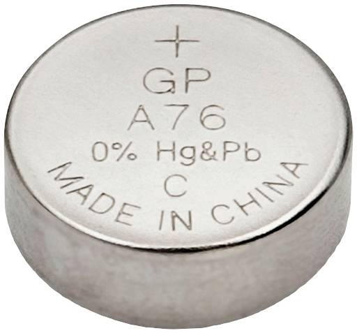 Knopfzellenbatterie mit Prägung: '+ GP A76, 0% Hg&Pb, C, Made in China'.