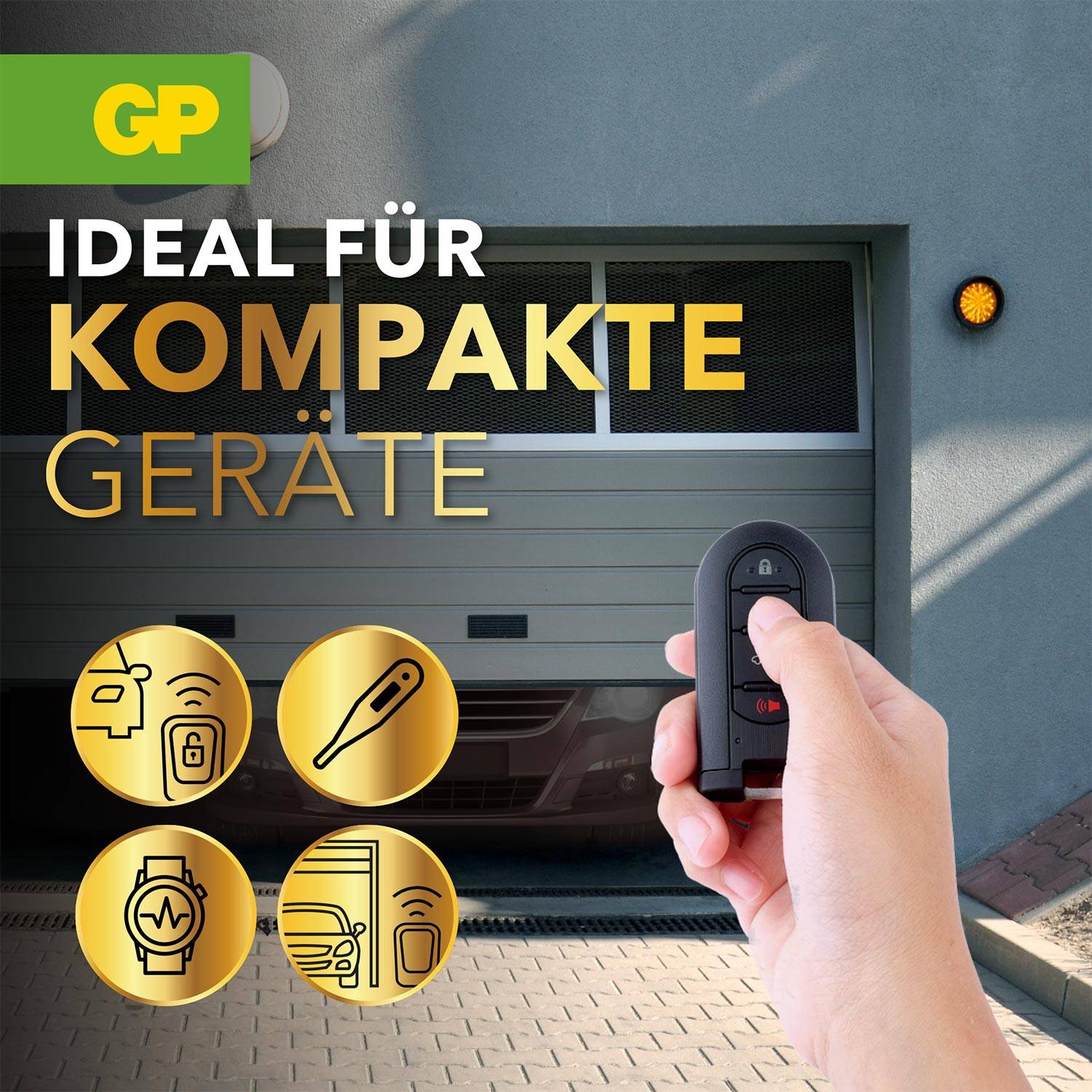 Eine Hand hält eine Fernbedienung vor einer Garage. Text: 'Ideal für kompakte Geräte'. Symbole zeigen mögliche Anwendungen.