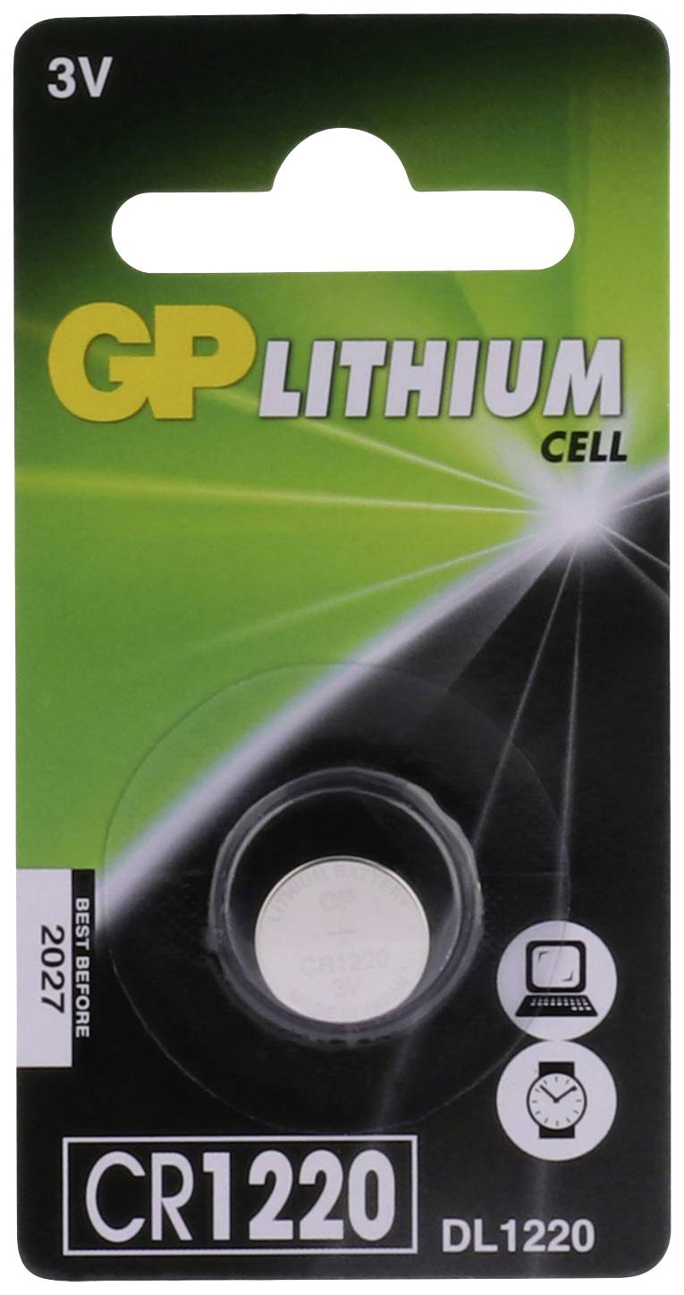 Batterieverpackung mit der Aufschrift 'GP Lithium Cell CR1220, 3V'. Geeignet für Elektronikgeräte. Ablaufdatum: 2027.