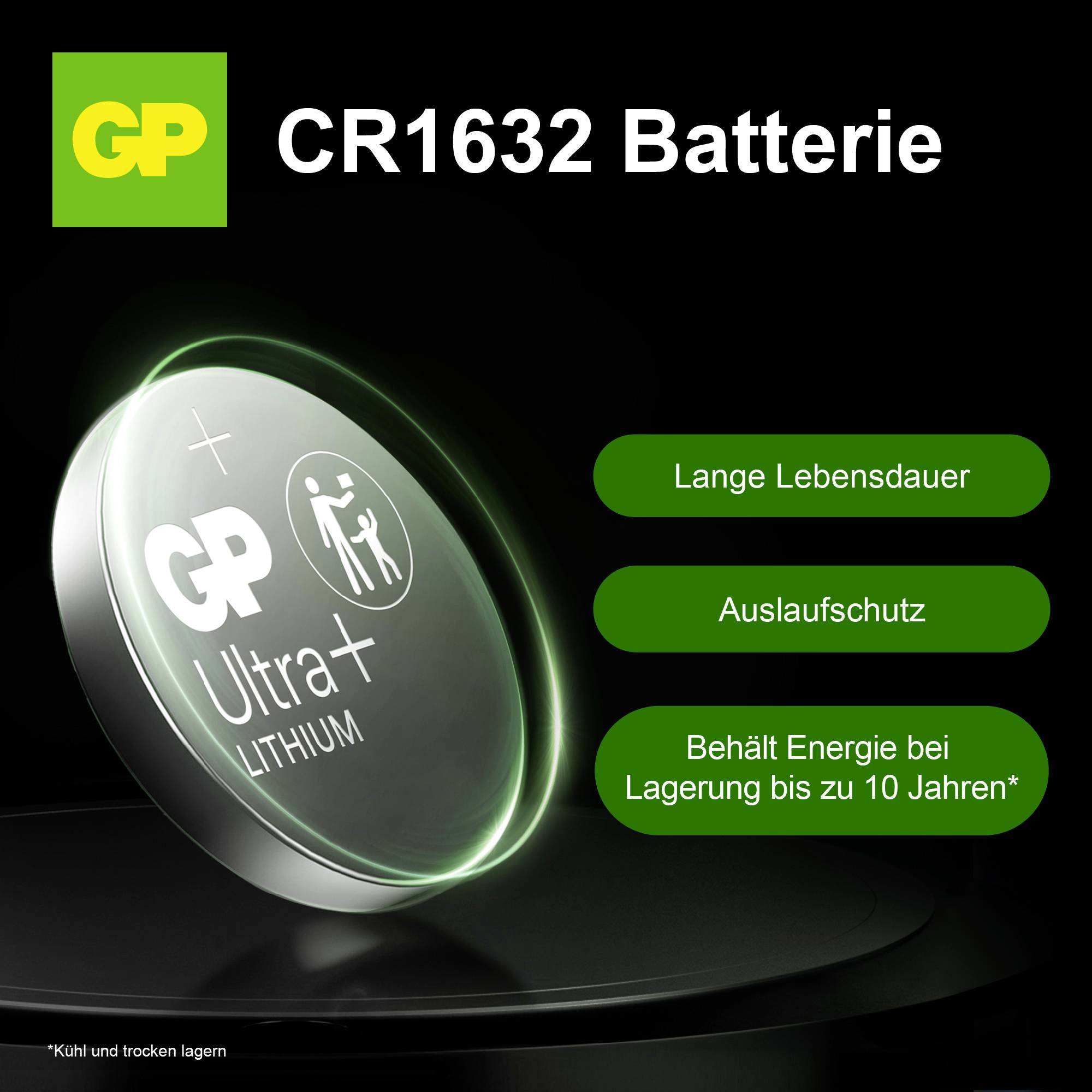 Werbeplakat für GP CR1632-Batterie mit den Vorteilen lange Lebensdauer, Auslaufschutz und Energiebesitz bis zu 10 Jahre Lagerung.