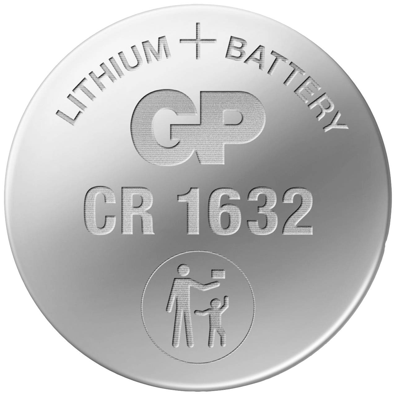 'Lithium Battery CR 1632' in Metalloberfläche geprägt, mit Symbolen für Sicherheitshinweise und Logo.