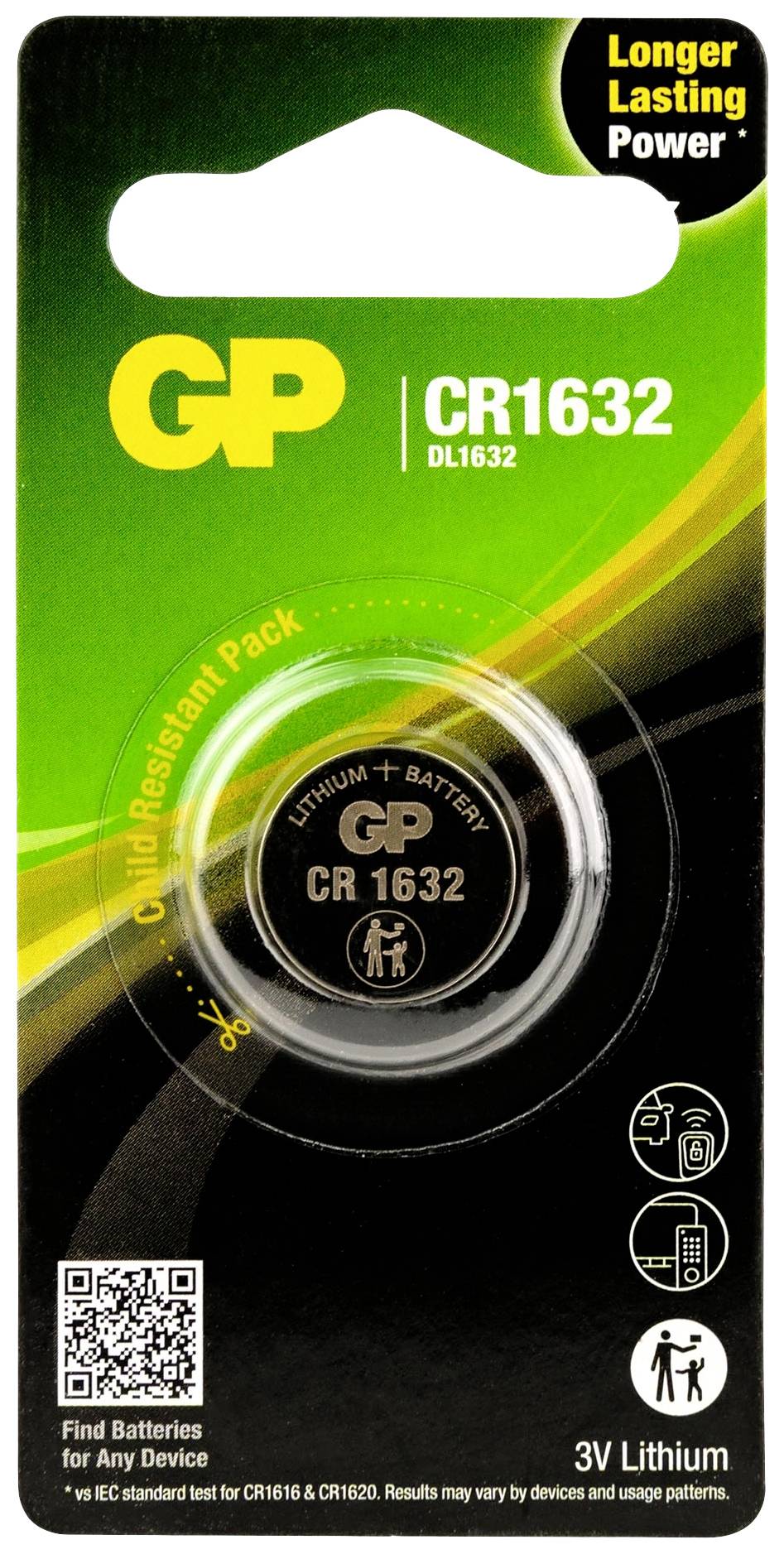 CR1632 Lithium-Batterie, 3V, GP-Marke, geeignet für alle Geräte. Verpackung hebt längere Lebensdauer hervor. QR-Code unten links.