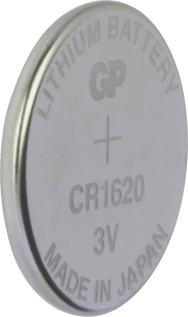 Runde Lithium-Knopfzelle vom Typ CR1620 mit der Aufschrift '3V, Made in Japan'.