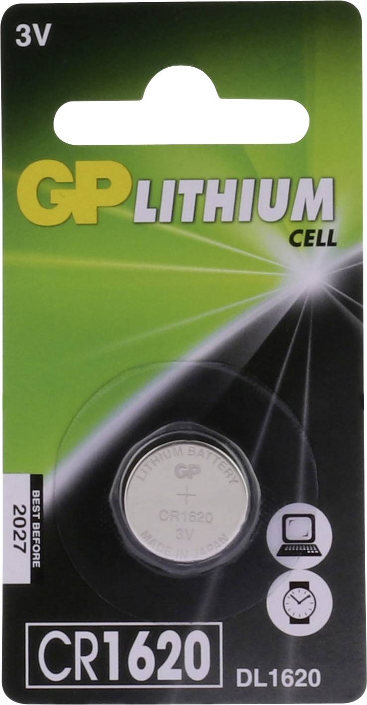Runde Lithium-Batterie der Marke GP, Modell CR1620, mit 3V Spannung. Verpackung zeigt Symbole für Computer und Uhr. Verfallsdatum 2027.