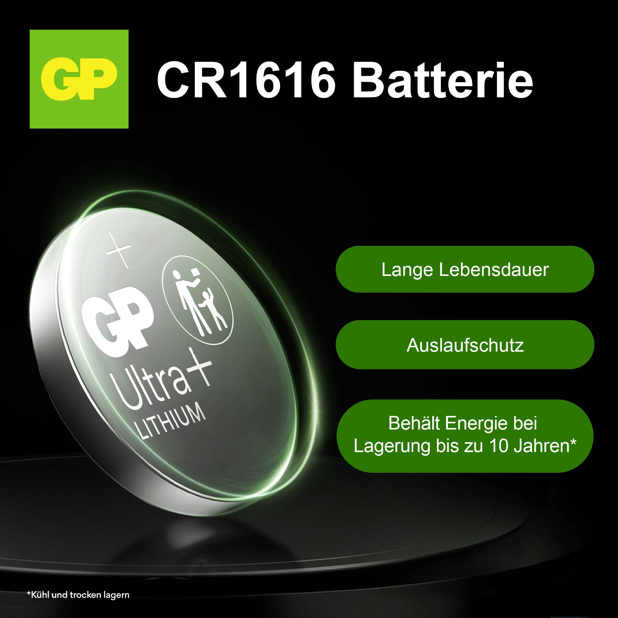 Werbegrafik für GP CR1616 Batterie mit Batteriezelle und den Hinweisen: 'Lange Lebensdauer', 'Auslaufschutz', 'Behält Energie bei Lagerung bis zu 10 Jahren*'