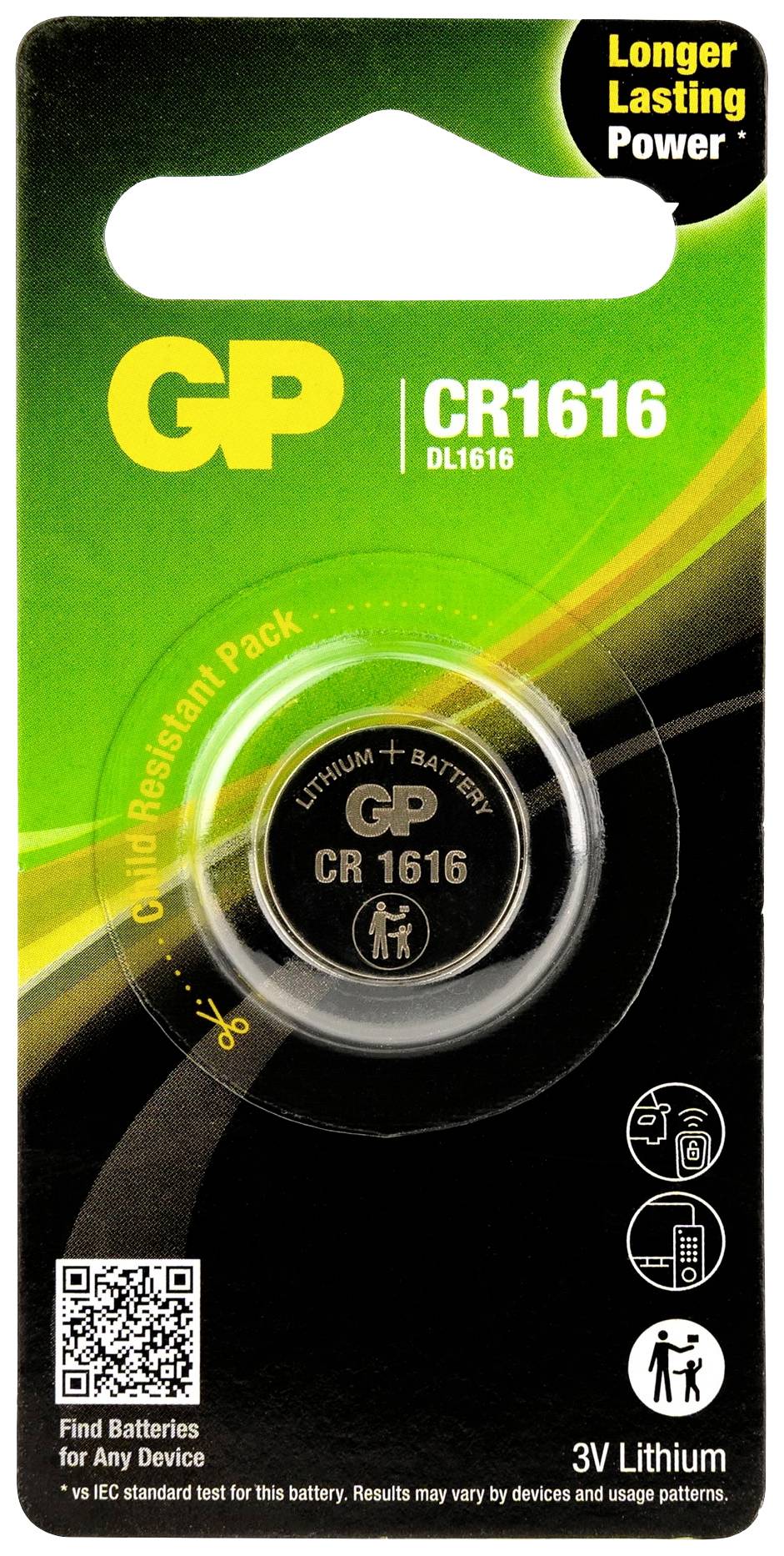 'GP CR1616 DL1616' Lithium-Knopfzelle in grün-schwarzer Verpackung mit Hinweis auf 'Längere Haltbarkeit'; 3V, kinderresistent.