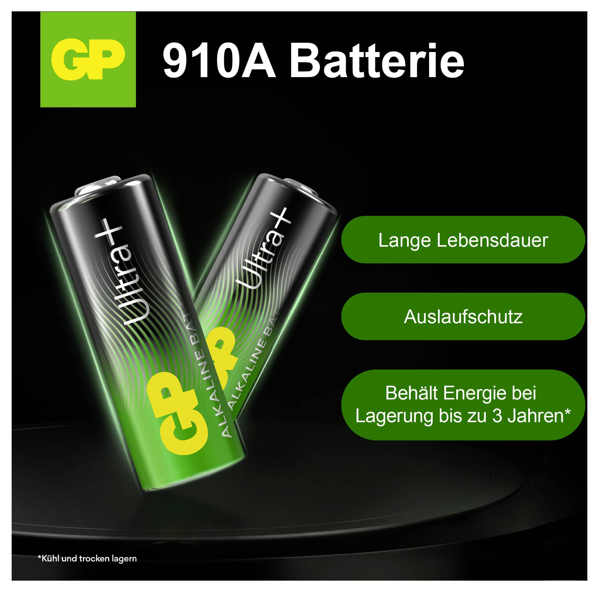Werbegrafik für 'GP 910A Batterie' mit zwei Ultra+-Batterien; hervorgehoben sind 'Lange Lebensdauer', 'Auslaufschutz' und Lagerung bis zu 3 Jahren.