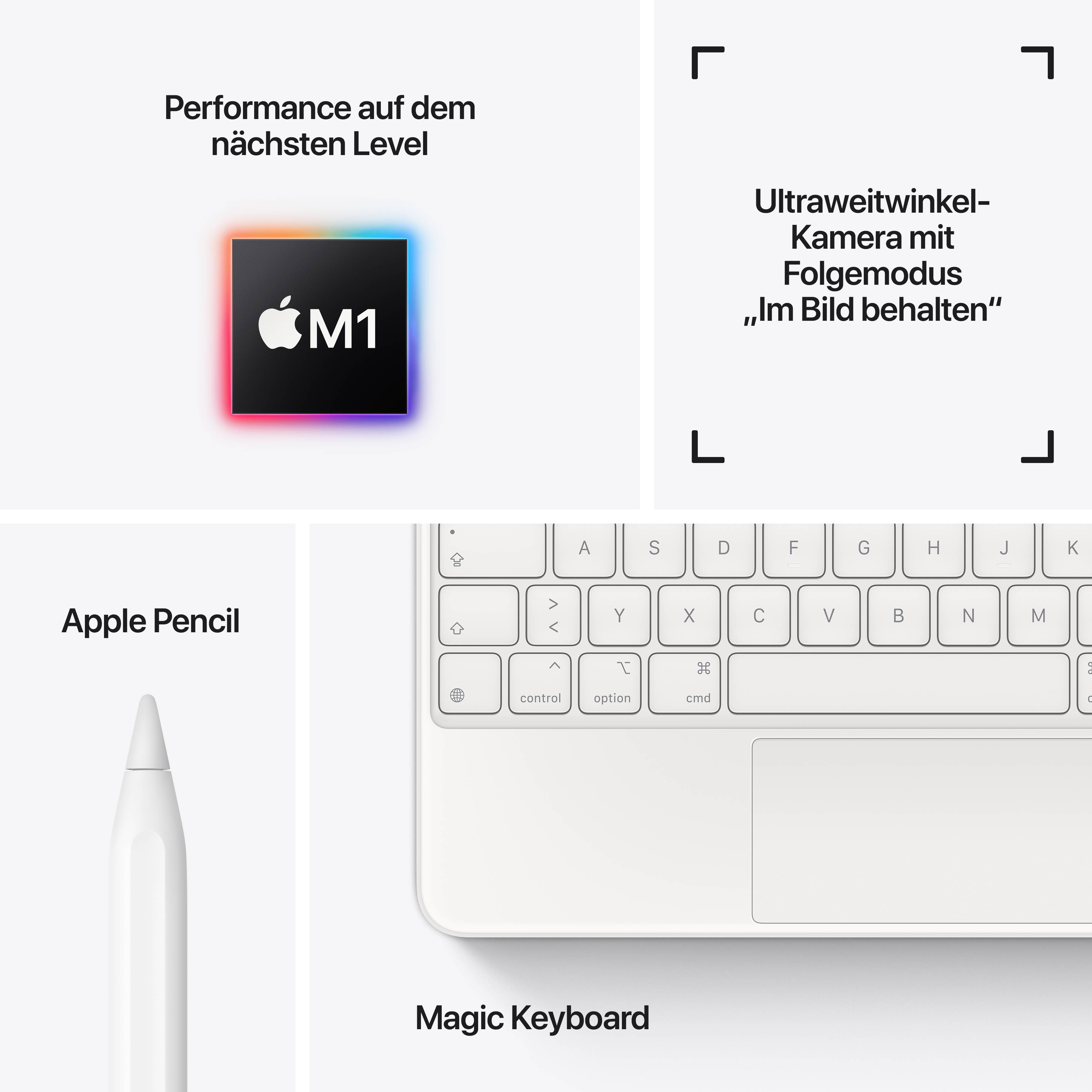 Illustration eines Apple-Geräts mit M1-Chip, Ultraweitwinkelkamera, Magic Keyboard und Apple Pencil, zeigt High-Tech-Funktionen.