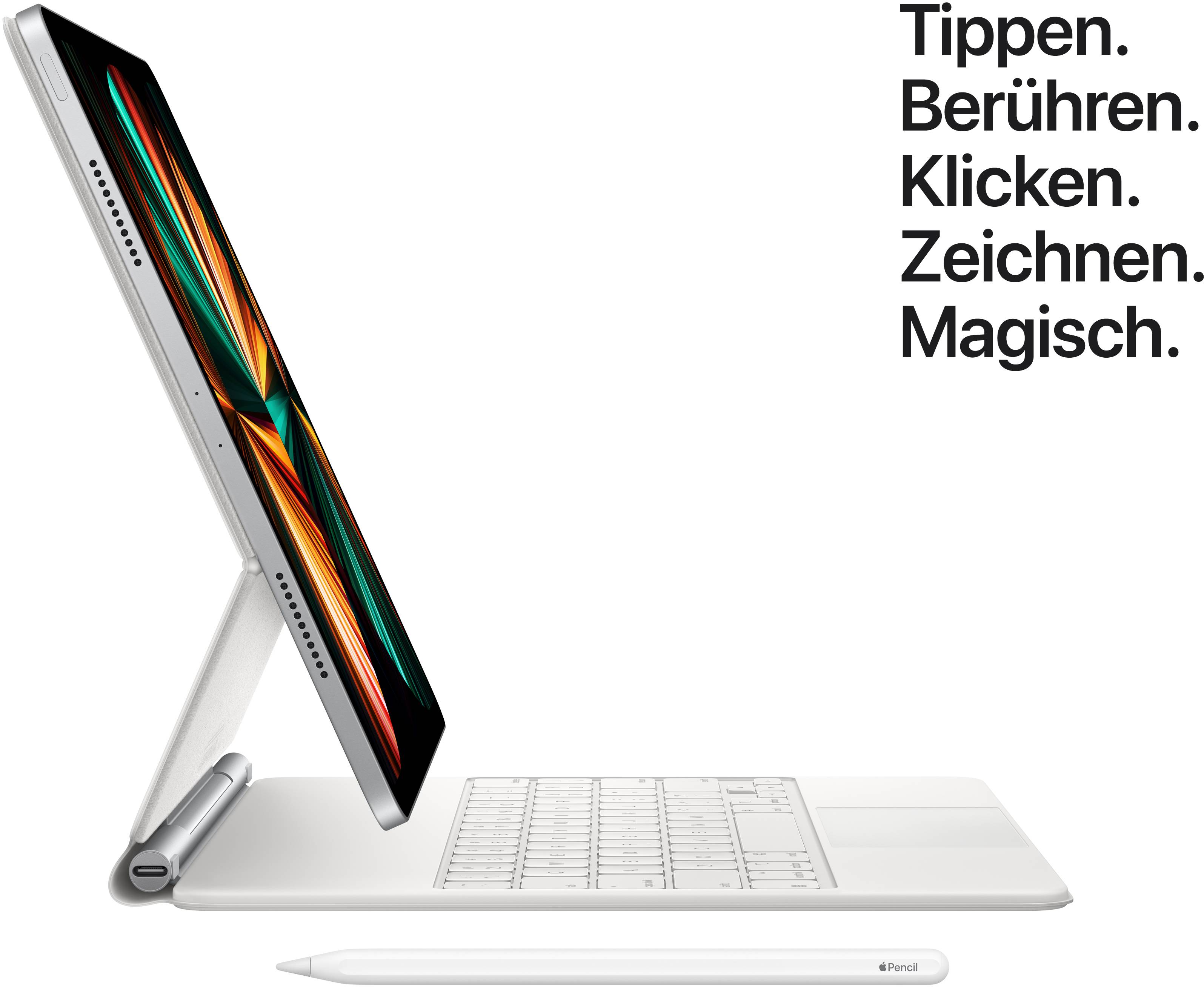 Ein Tablet steht auf einer weißen Tastatur, mit einem weißen Stift im Vordergrund. Rechts steht: 'Tippen. Berühren. Klicken. Zeichnen. Magisch.'