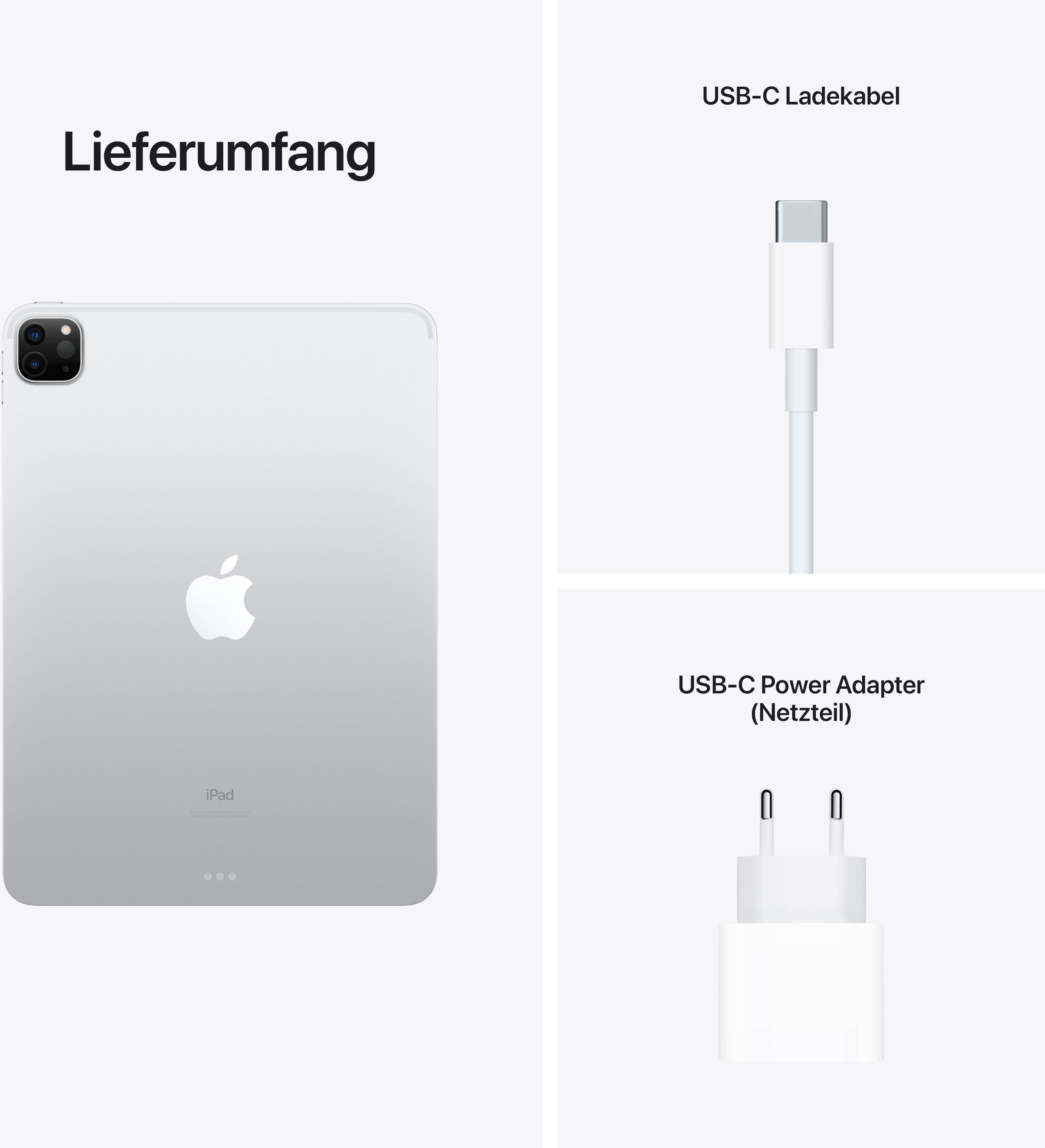'Lieferumfang': Abgebildet sind ein Apple iPad, ein USB-C Ladekabel und ein USB-C Power Adapter (Netzteil).