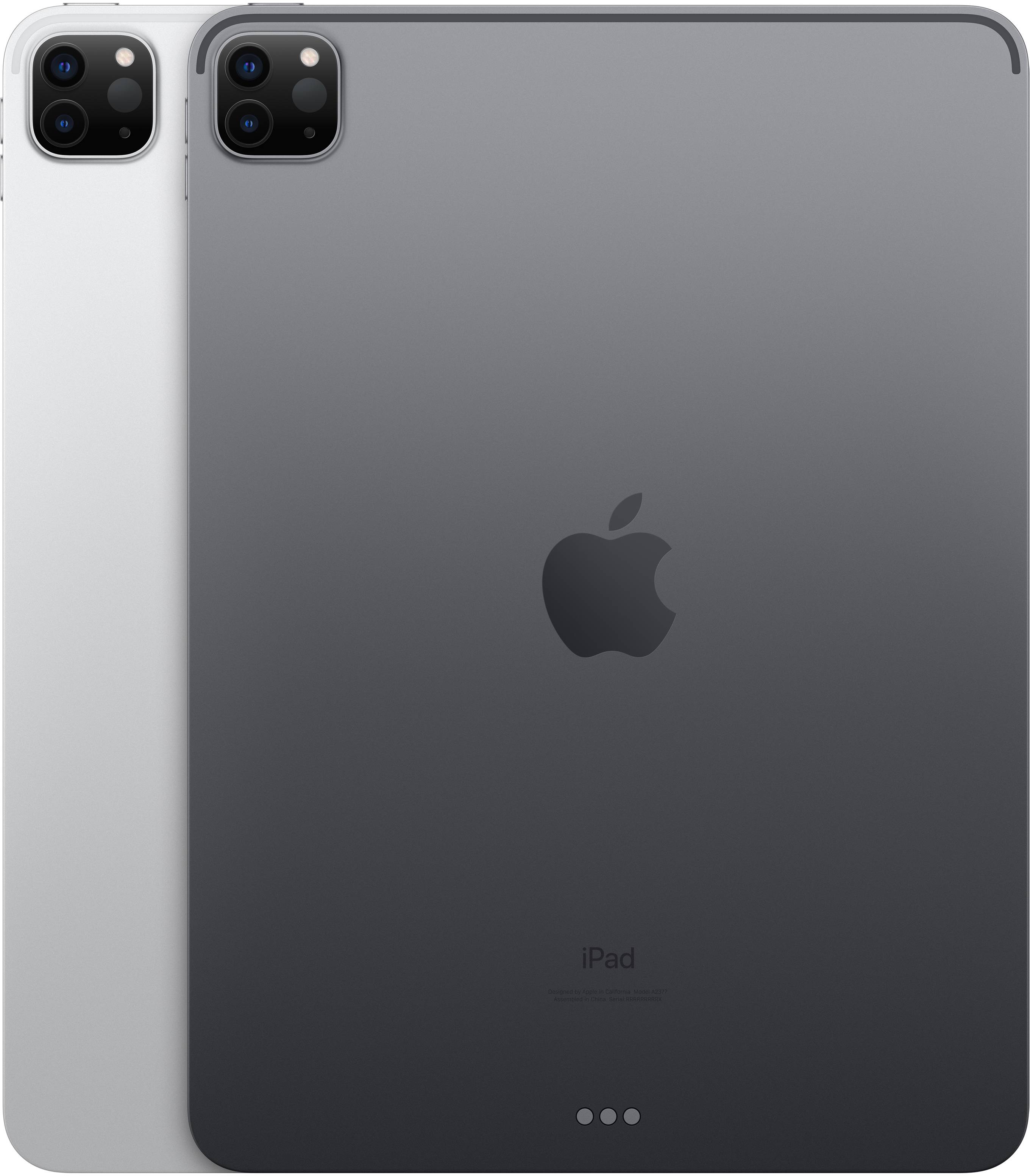 Zwei iPads übereinander mit unterschiedlichen Farben, Silber und Grau, zeigen Rückseite mit Kamera und Apple-Logo.