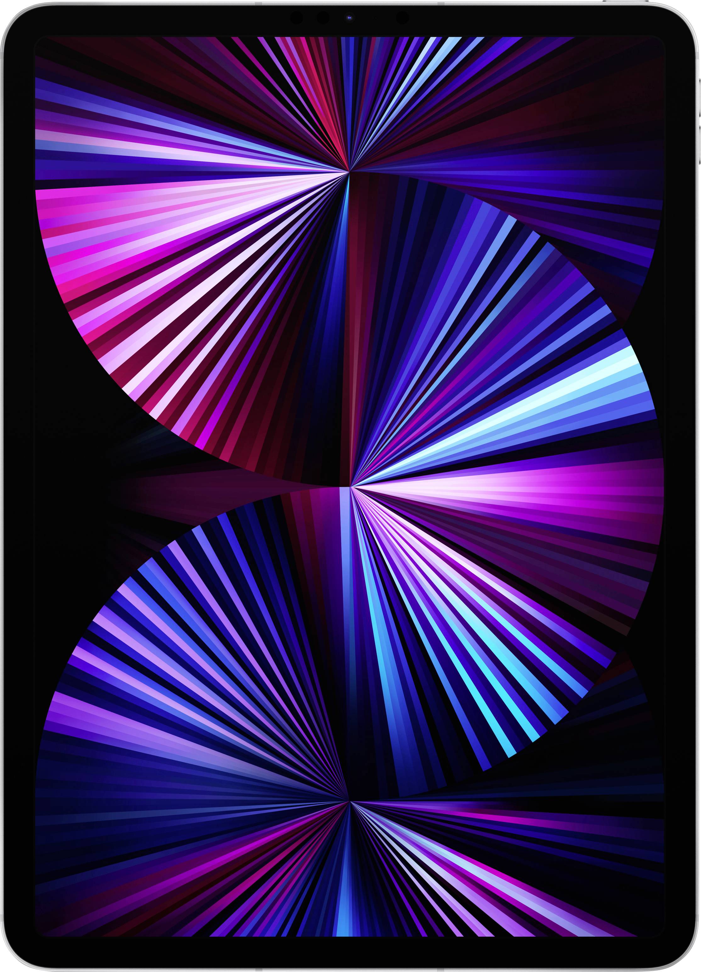 Ein Tablet mit farbenfroher, abstrakter Grafik auf dem Bildschirm, die konzentrische, leuchtende Linienmuster in Blau- und Lilatönen zeigt.