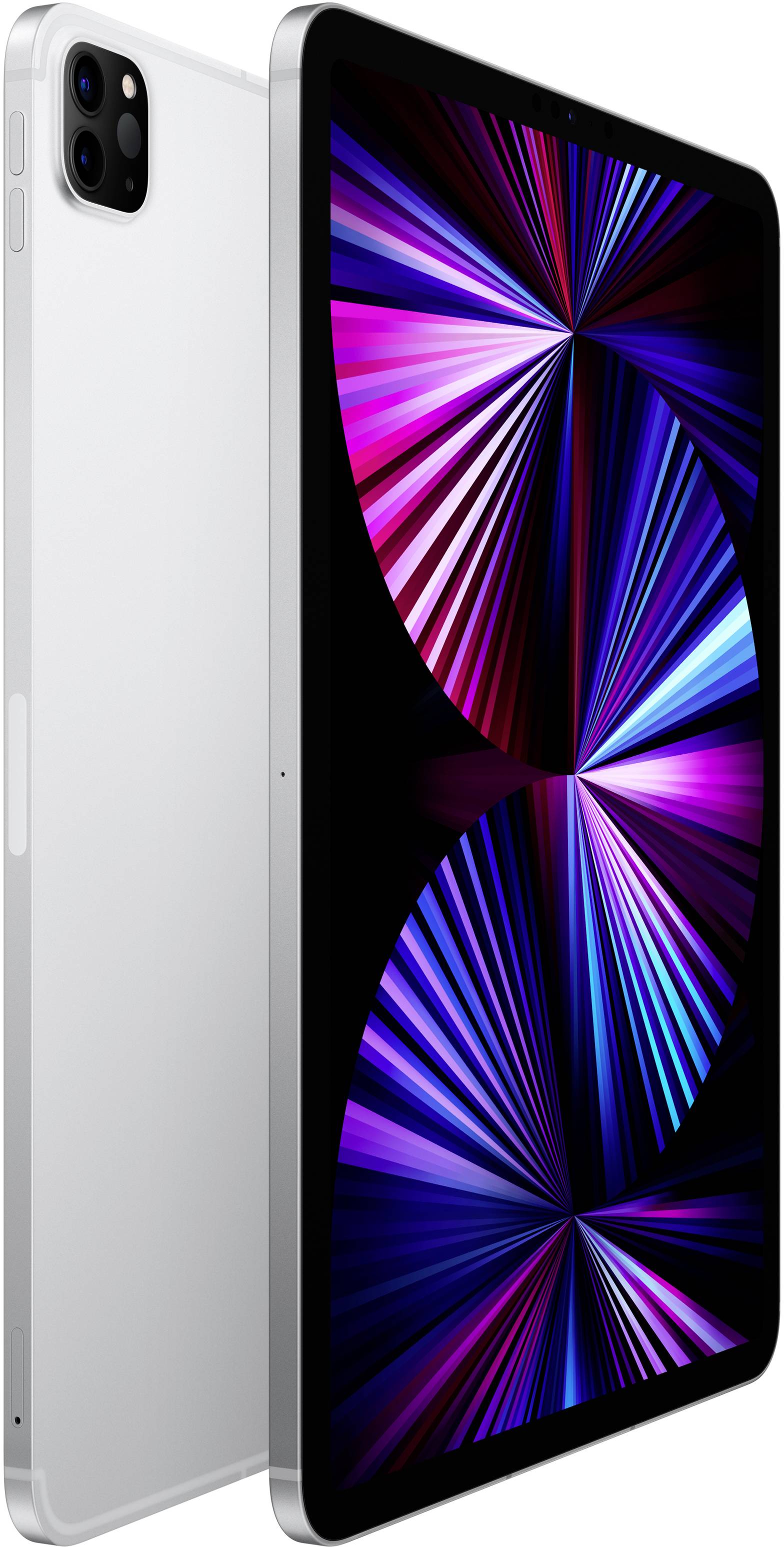 Ein Tablet mit großem Display zeigt bunte, strahlenartige Muster in Blau, Pink und Lila. Gerät von hinten und seitlich sichtbar.
