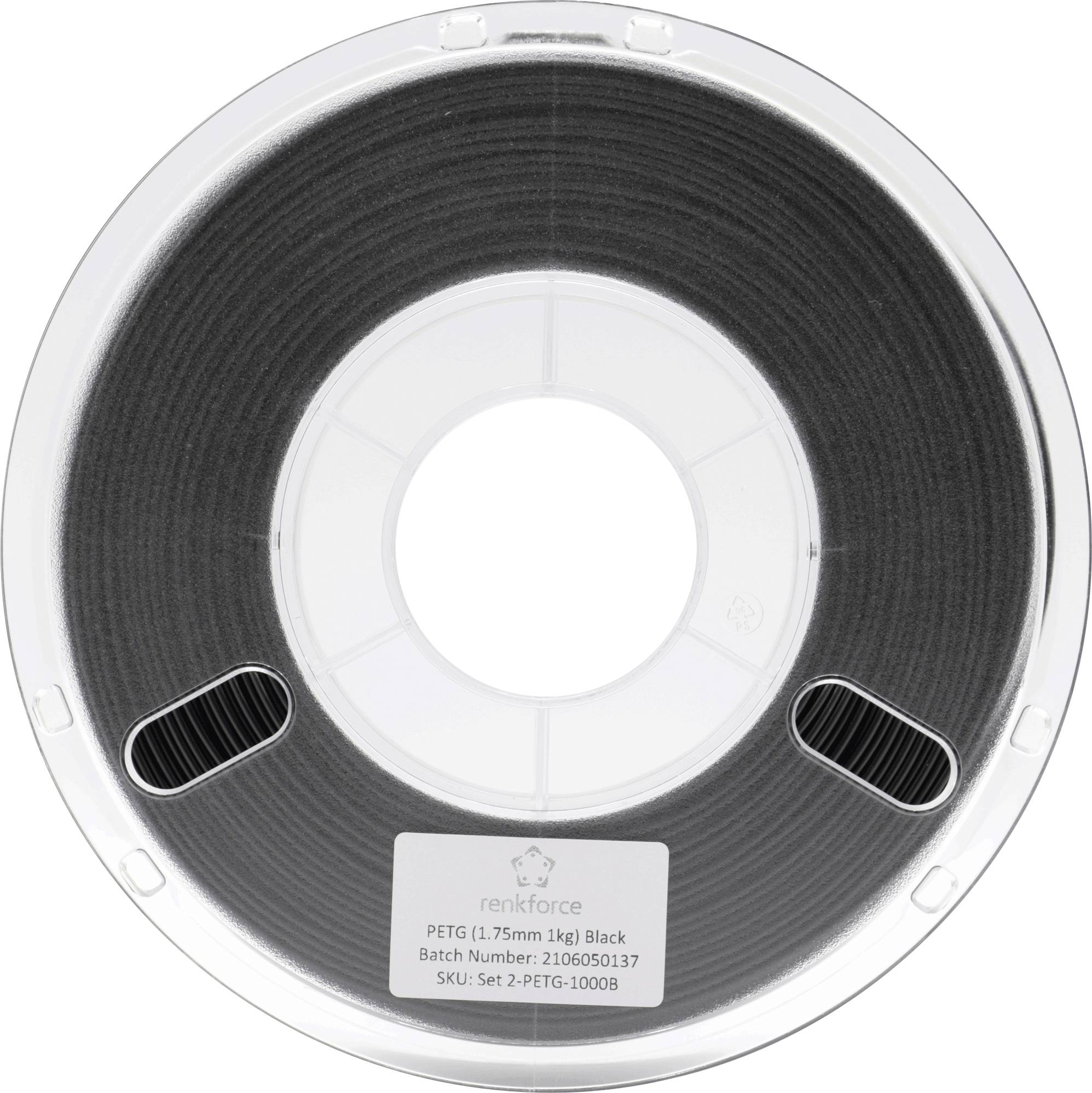 Schwarze PETG-Filamentrolle von Reinforce, 1,75 mm, 1 kg. Batchnummer: 2105060137, SKU: Set-2-PETG-10008. Ideal für 3D-Druck.
