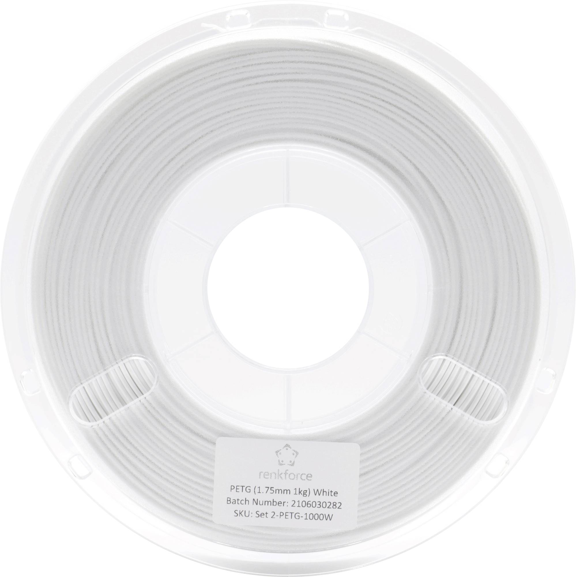 Weiße PETG-Filamentrolle für 3D-Drucker, 1 kg, 1,75 mm Durchmesser.