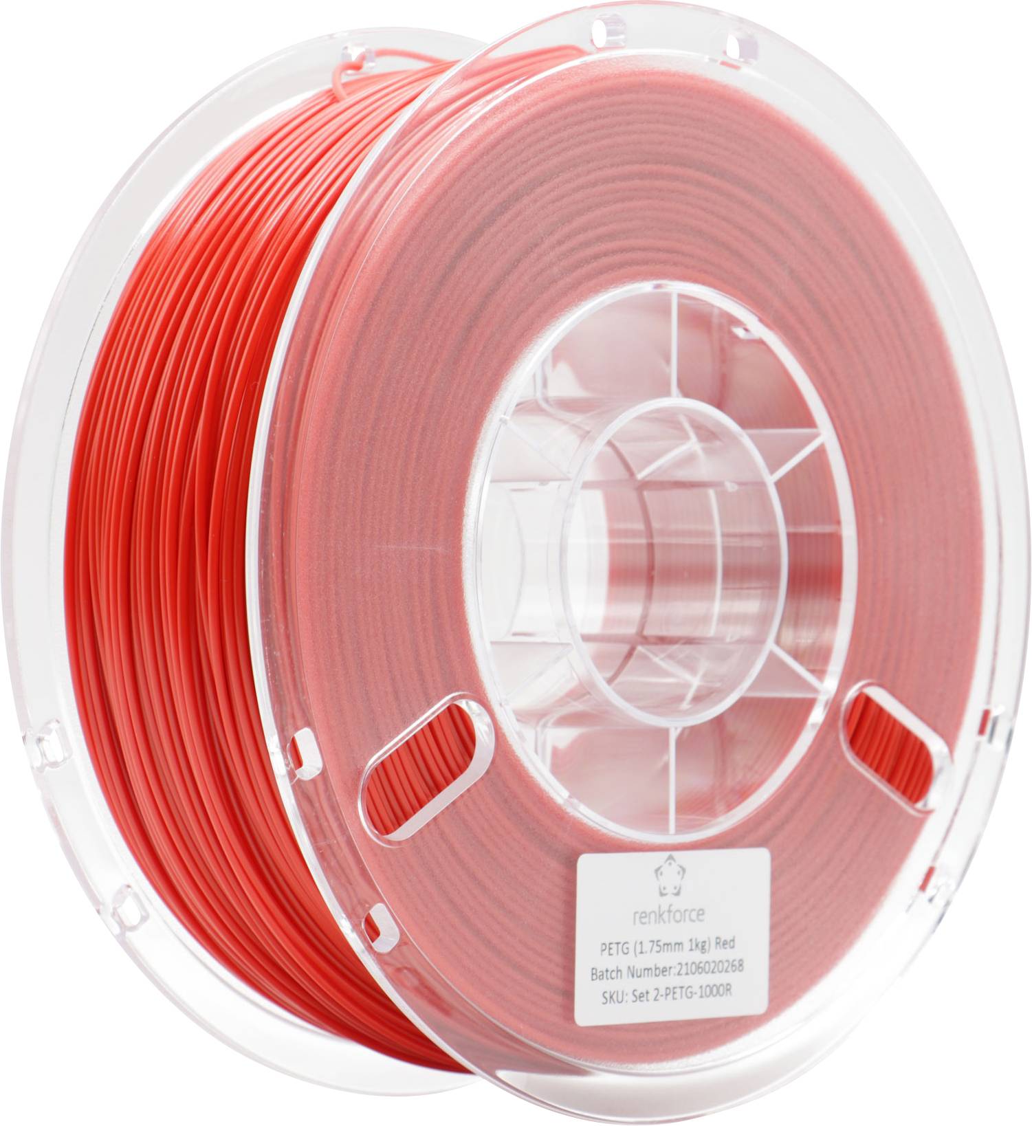 Rote PETG-Filamentrolle, 1,75 mm Durchmesser, 1 kg. Geeignet für 3D-Drucker. Transparentes Gehäuse mit sichtbarem Filament.<br><br>
