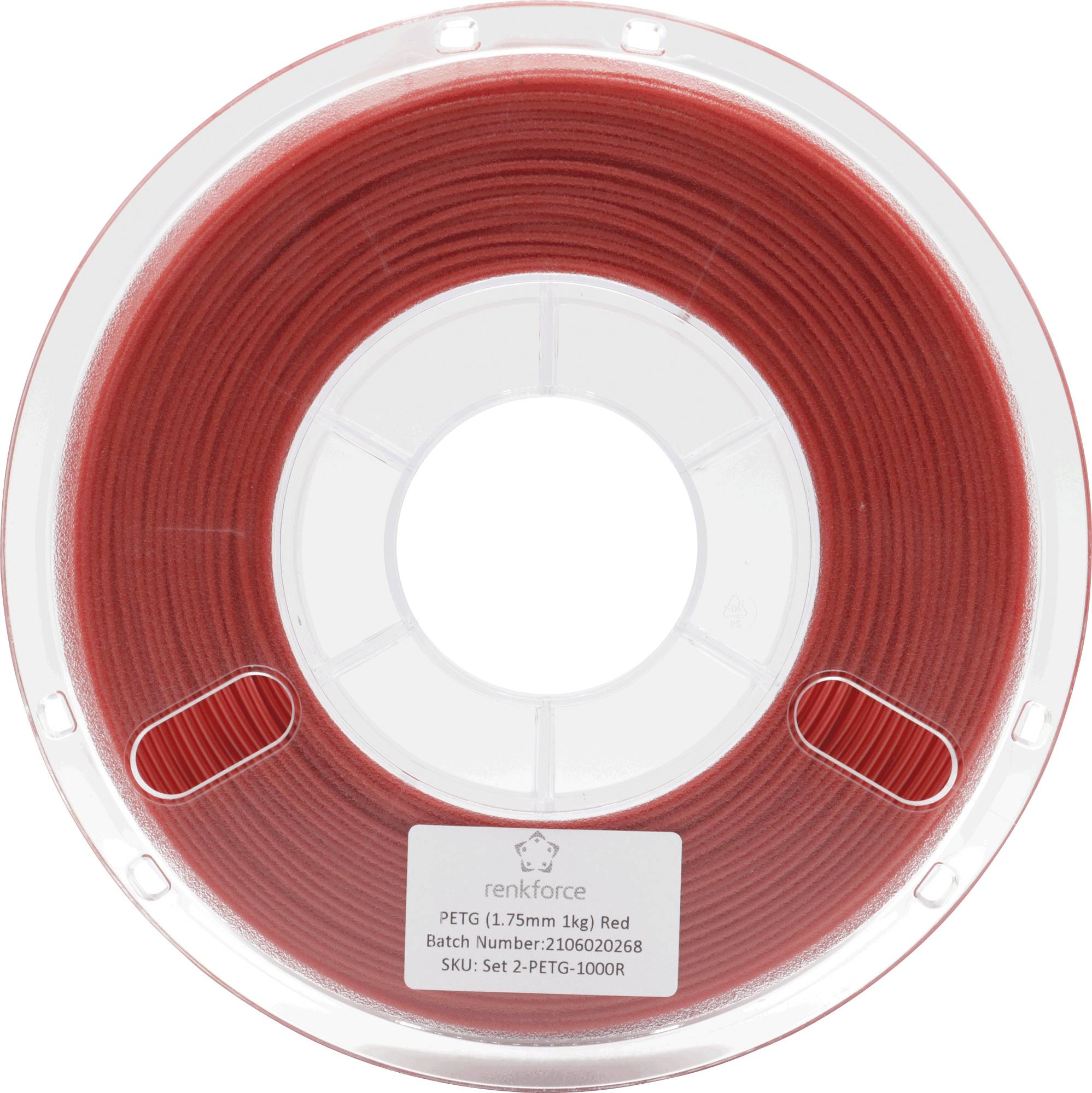 Eine Plastikspule mit rotem PETG-3D-Druckfilament. Etikett zeigt: 'PEGT, 1.75mm, 1kg, Rot', Chargennummer '216020268', SKU 'Set 2-PETG-1000R'.