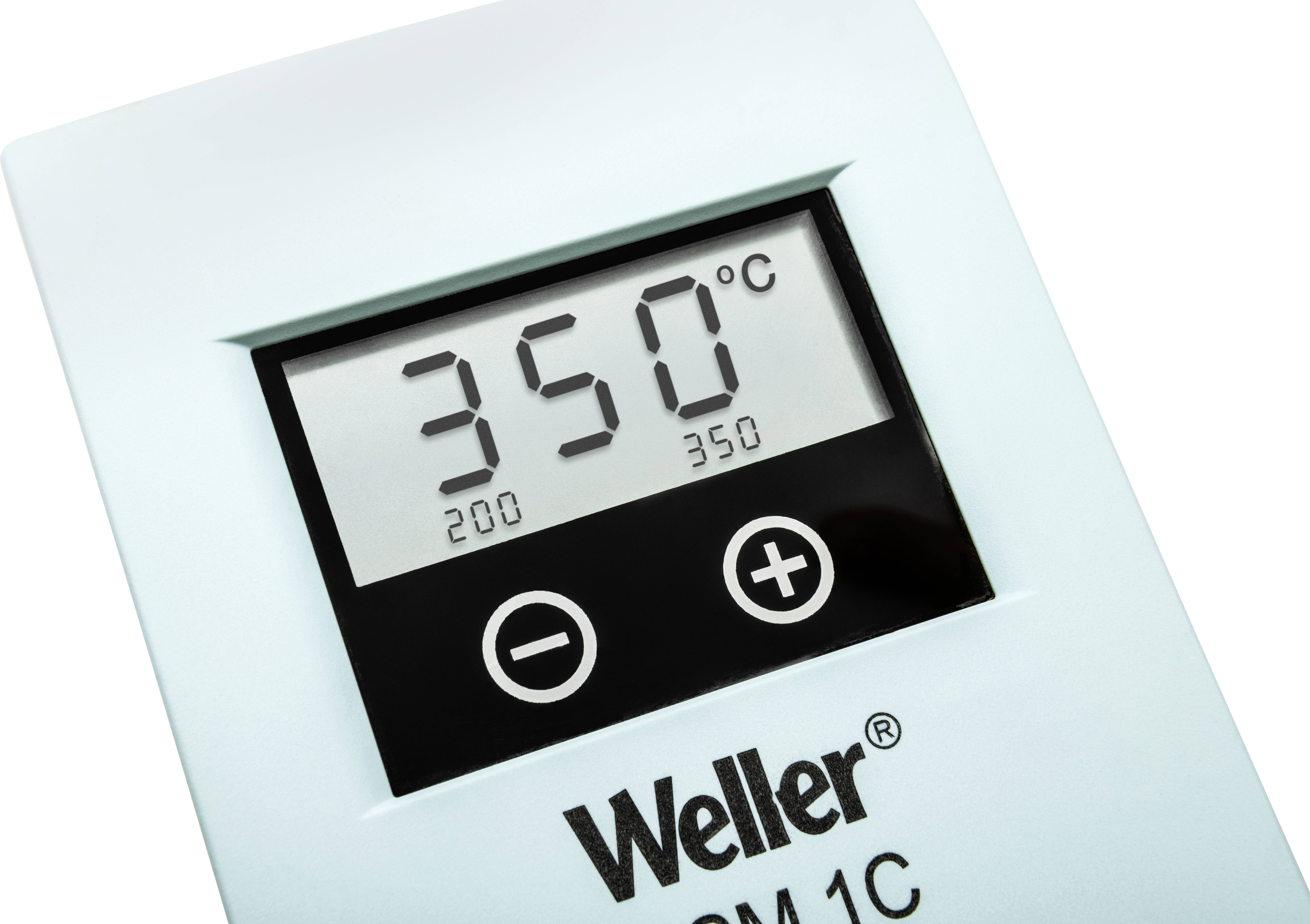 Ein Display zeigt '350°C' mit Plus- und Minustasten. Darunter steht 'Weller'.