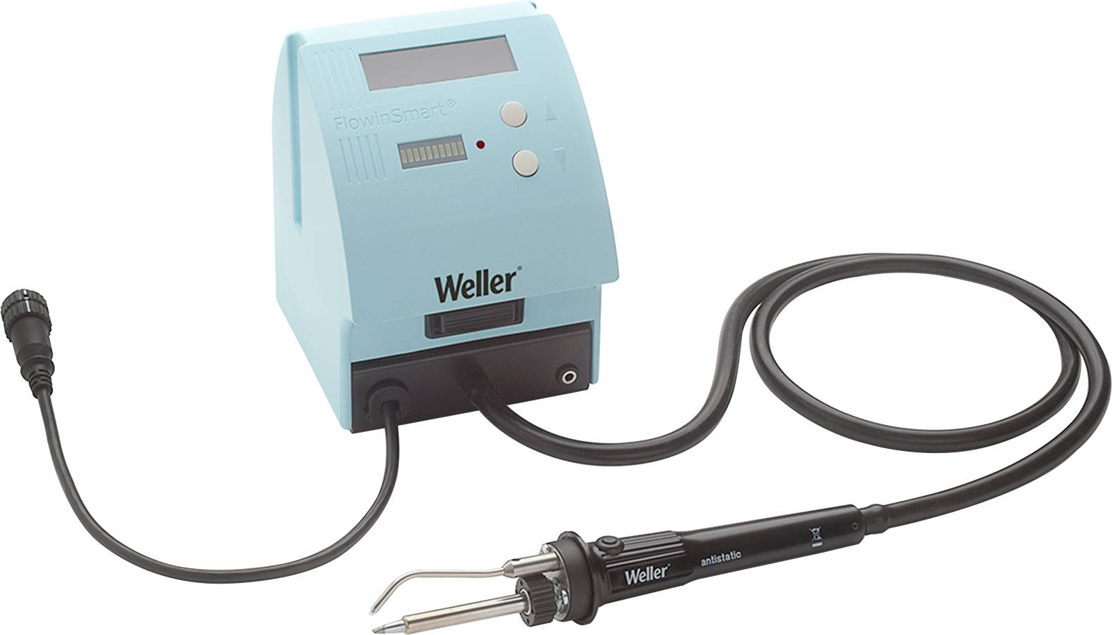 Lötstation mit digitaler Anzeige und Lötkolben, verbunden mit einem Stromkabel. Markenname 'Weller' auf der Station.