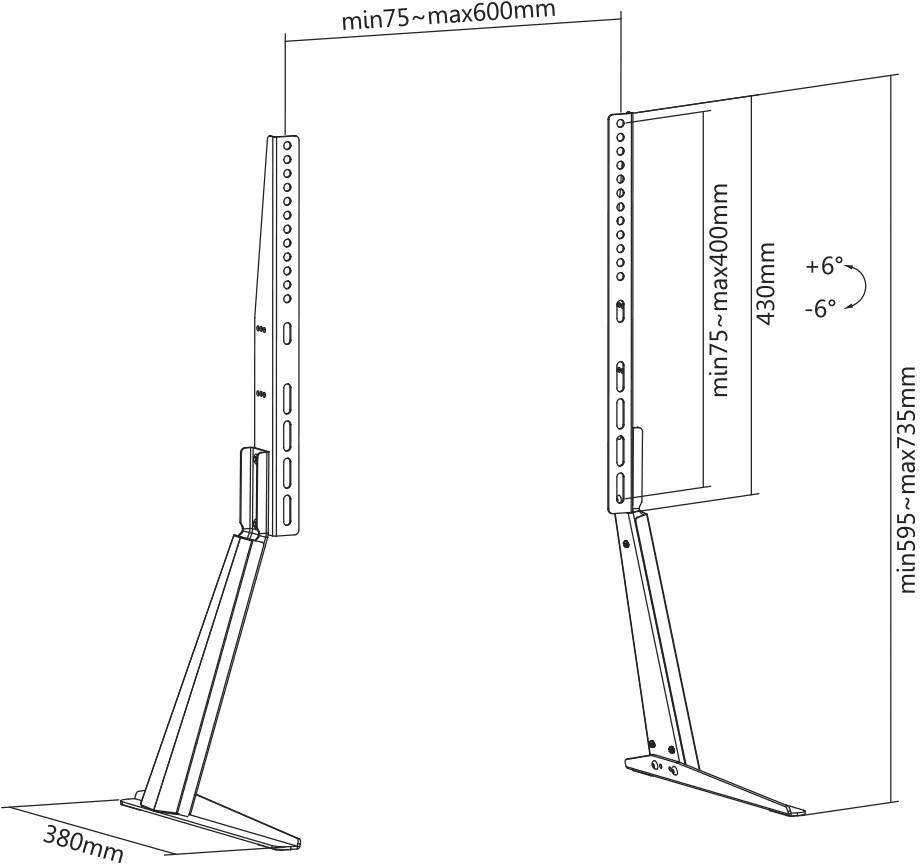 Verstellbare Halterung mit Maßen: Höhe 595-735 mm, Breite 75-600 mm, Neigung +6° bis -6°. Speziell für Monitore geeignet.