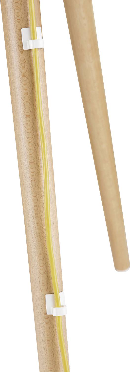 Holzgestell mit gelber Linie und weißen Halterungen.