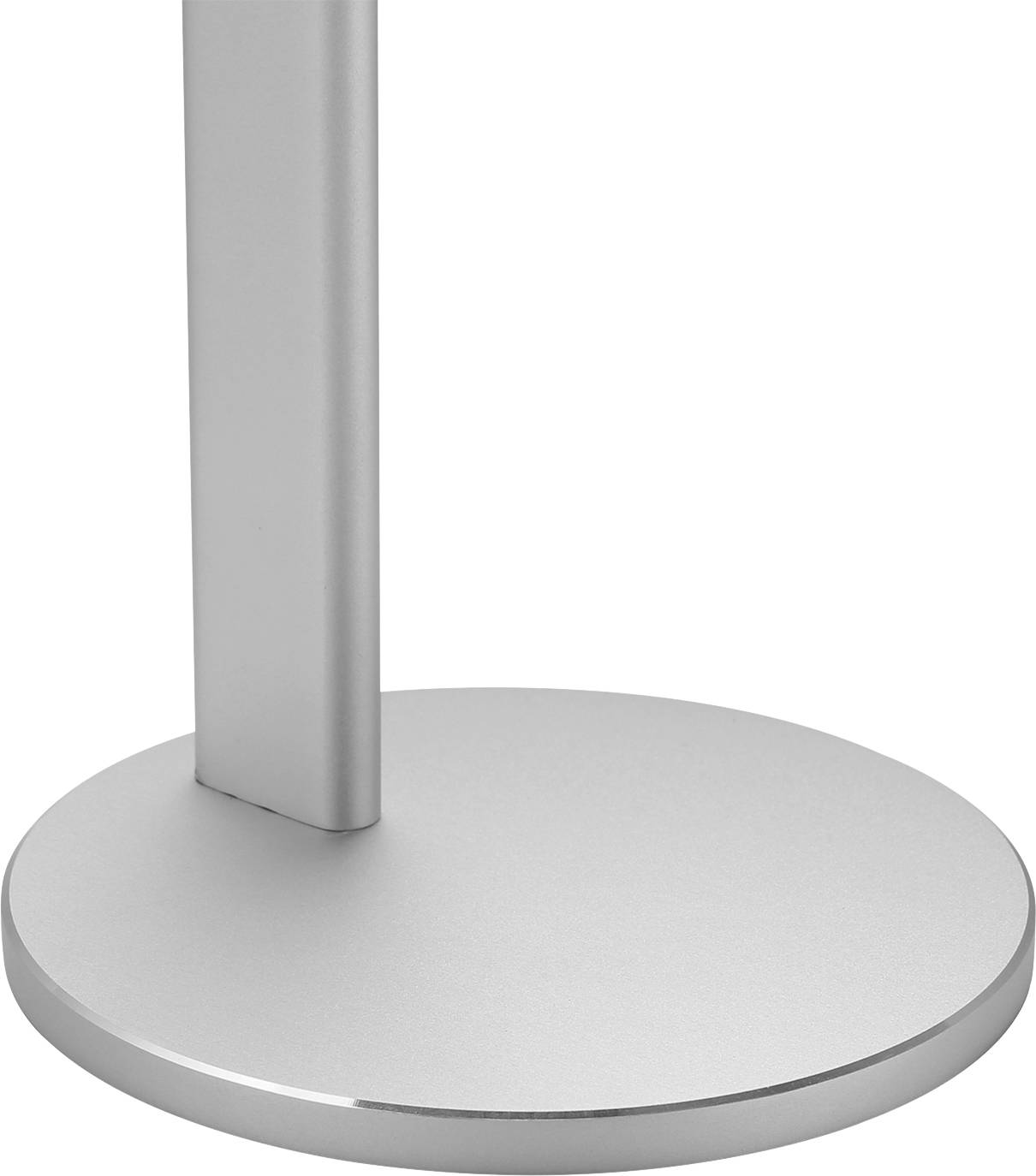 Metallfuß eines Möbelstücks, zylindrisch und silberfarben, mit flacher, runder Basis. Modernes, minimalistisches Design.