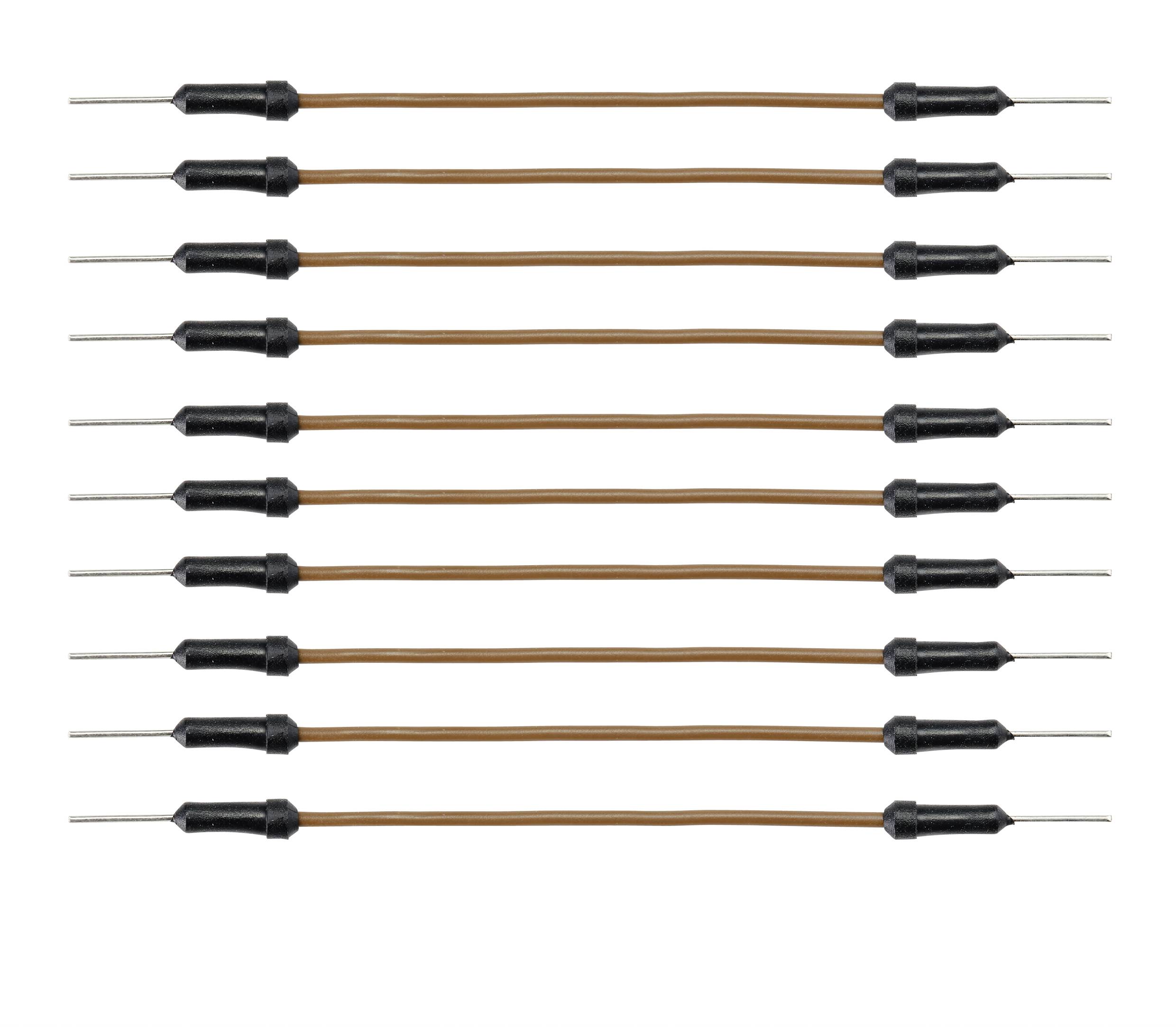 Dreizehn identische elektrische Widerstände in einer Reihe angeordnet. Jeder hat zwei Anschlüsse aus Metall und einen schwarzen Mittelteil.