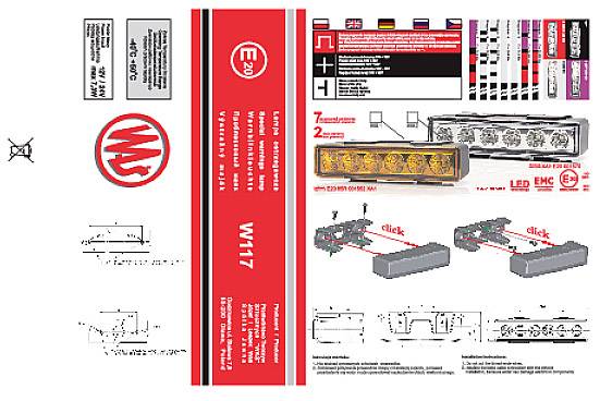 Verpackung für LED-Leuchten: E20-Kennzeichnung, technische Spezifikationen, Montageanleitungen, LED- und ECE-Zulassungen.