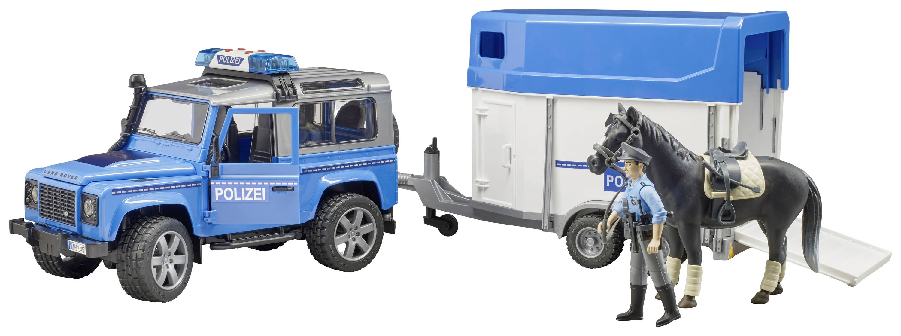 Spielzeug-Polizeiauto mit Anhänger und Pferd. Ein Polizist führt das Pferd. Set in Blau und Silber.