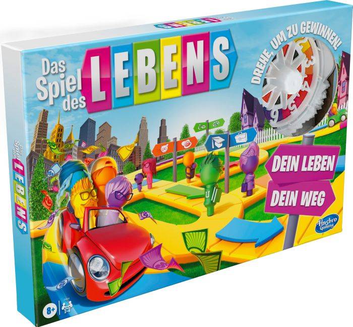 'Das Spiel des Lebens'-Brettspielbox zeigt eine bunte Spielszene mit Autos und Spielfiguren. Slogan: 'Dein Leben, Dein Weg'. Enthält Altersfreigabe 8+.