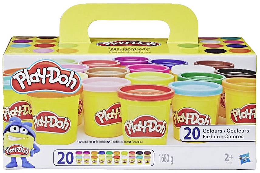 Spielzeugverpackung mit 20 Play-Doh-Dosen in verschiedenen Farben, ab 2 Jahren geeignet.