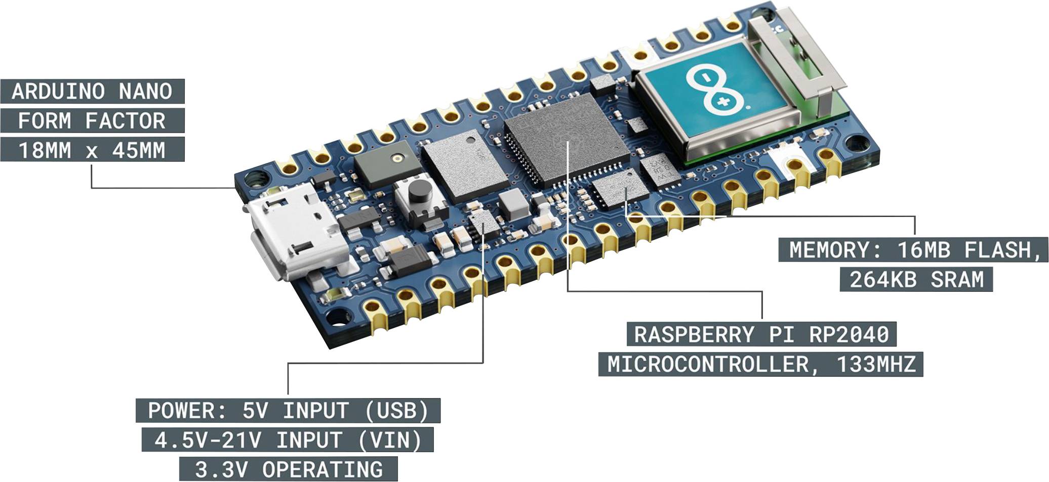 Arduino ABX00052 Board NANO RP2040 CONNECT Nano
