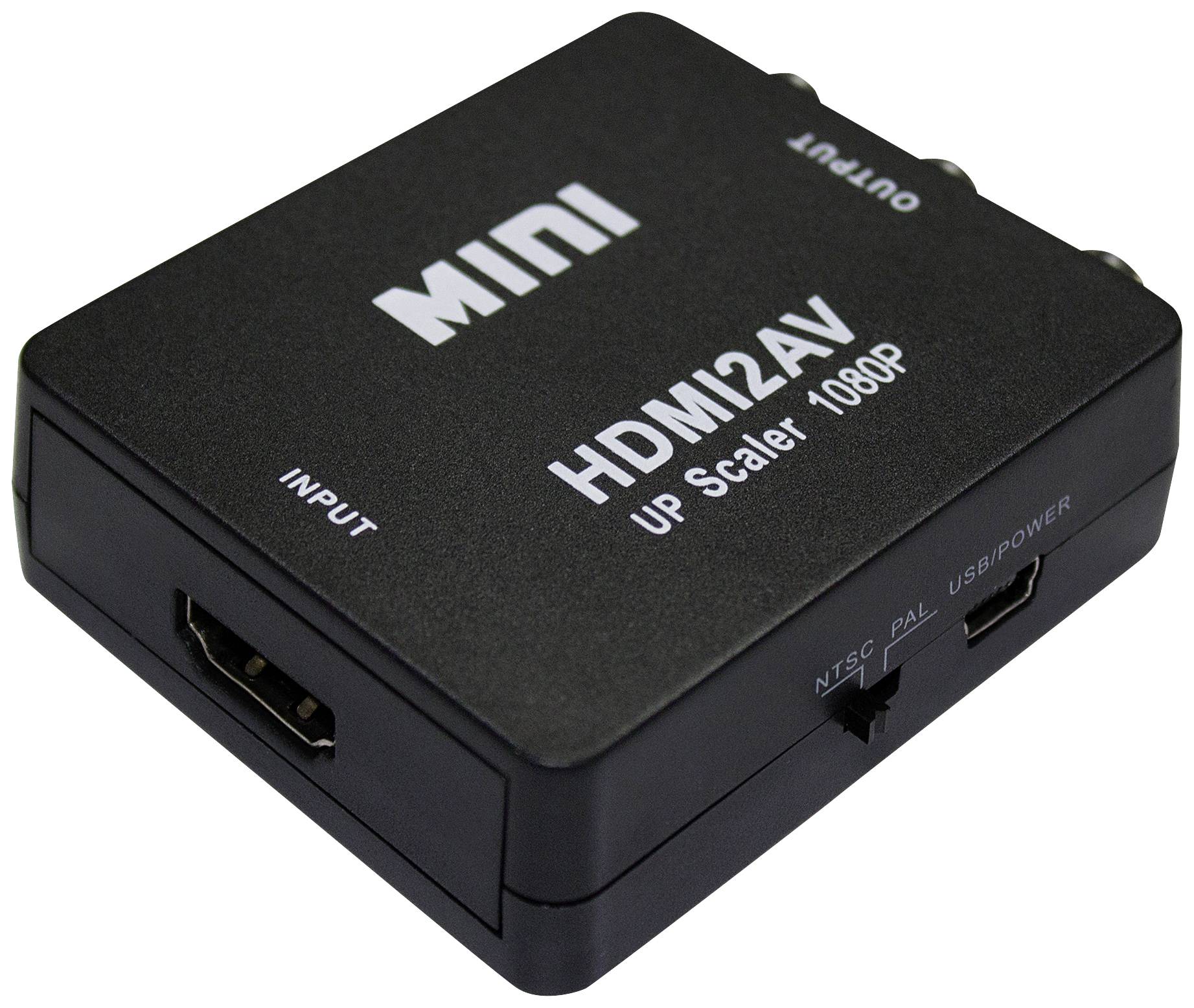 Ein schwarzer Mini HDMI2AV-Konverter für HDMI zu AV-Umwandlung, beschriftet mit 'UP Scaler 1080P'.anschlüsse: HDMI, NTSC/PAL, USB.