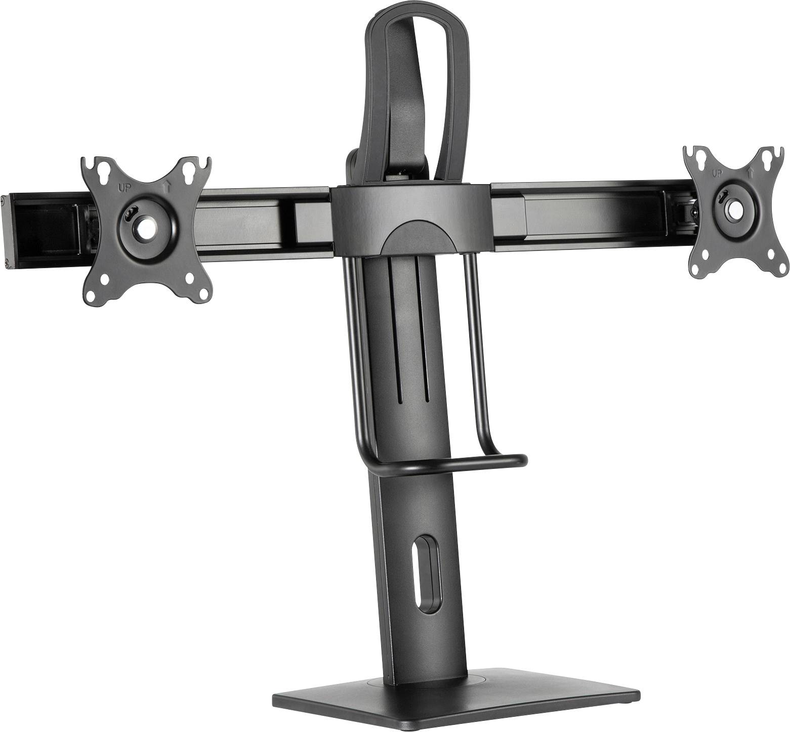 Zweiarmiger Monitorständer aus Metall für zwei Bildschirme, höhenverstellbar, mit einer stabilen Basis für den Schreibtisch.