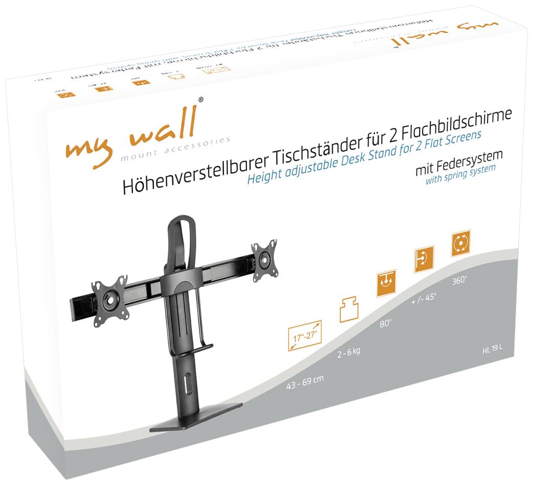 Höhenverstellbarer Tischständer für 2 Flachbildschirme, geeignet für Bildschirme von 17' bis 27', mit Federsystem.