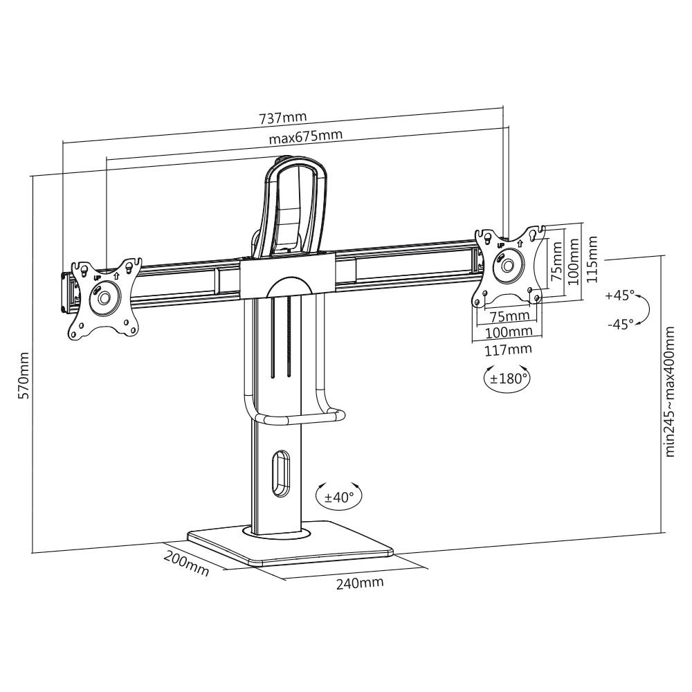 Skizze eines Monitorständers mit verstellbaren Armen. Abmessungen sind 737mm Breite max., Höhe 570mm, Tiefe 240mm. Drehbare Montageoptionen.